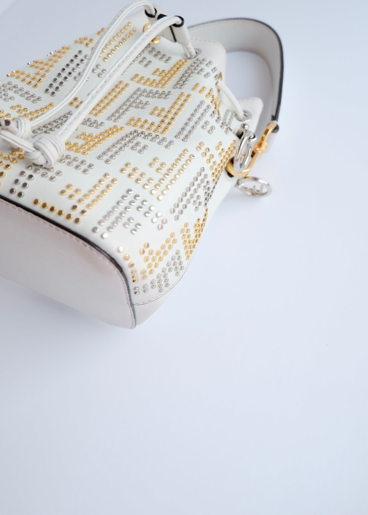 Authentic Preowned Fendi White Leather Zucca Studded Drawstring Bucket Bag