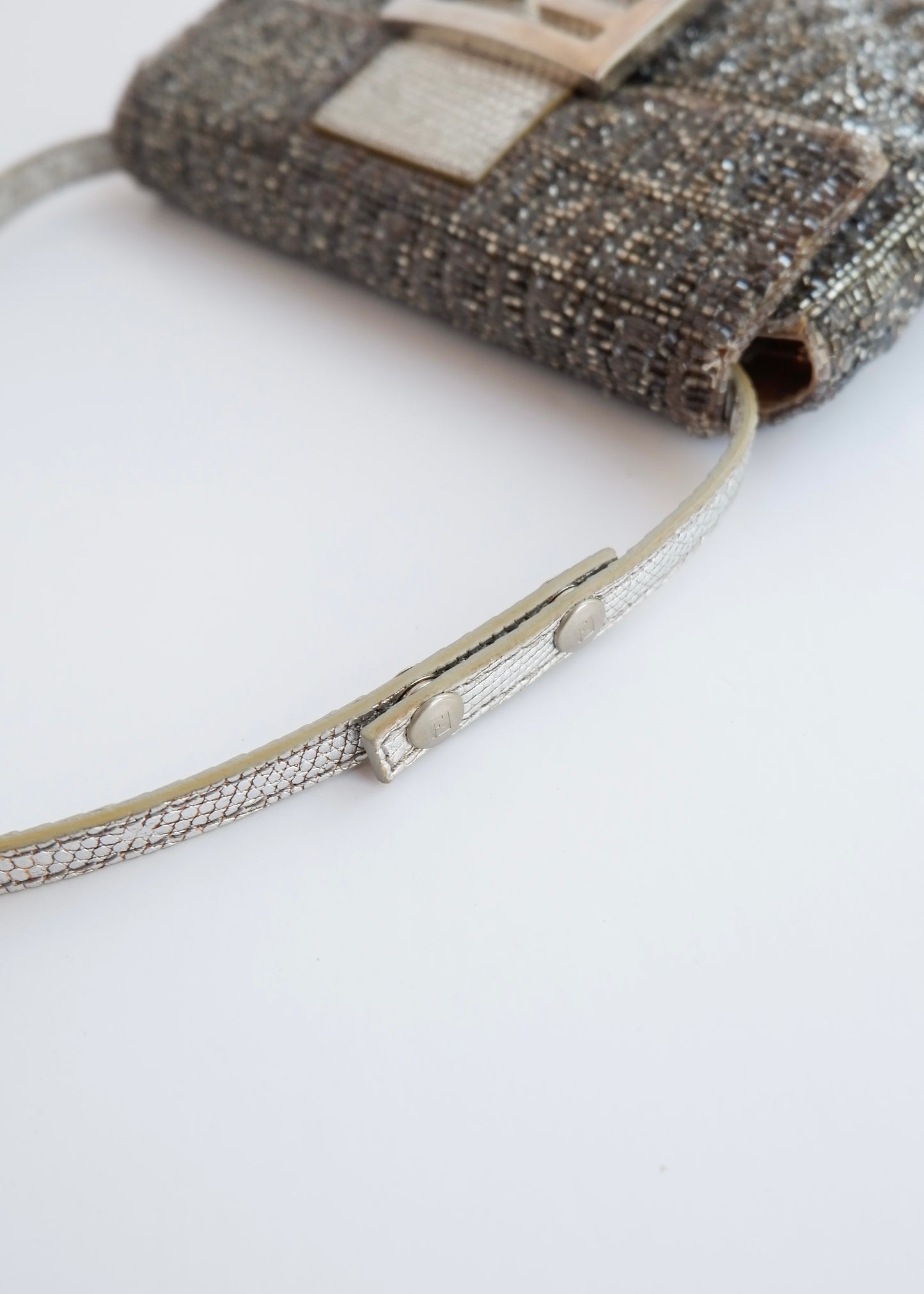 Authentic Preowned Vintage Fendi Silver FF Zucchino Beaded Small Baguette Shoulder Bag