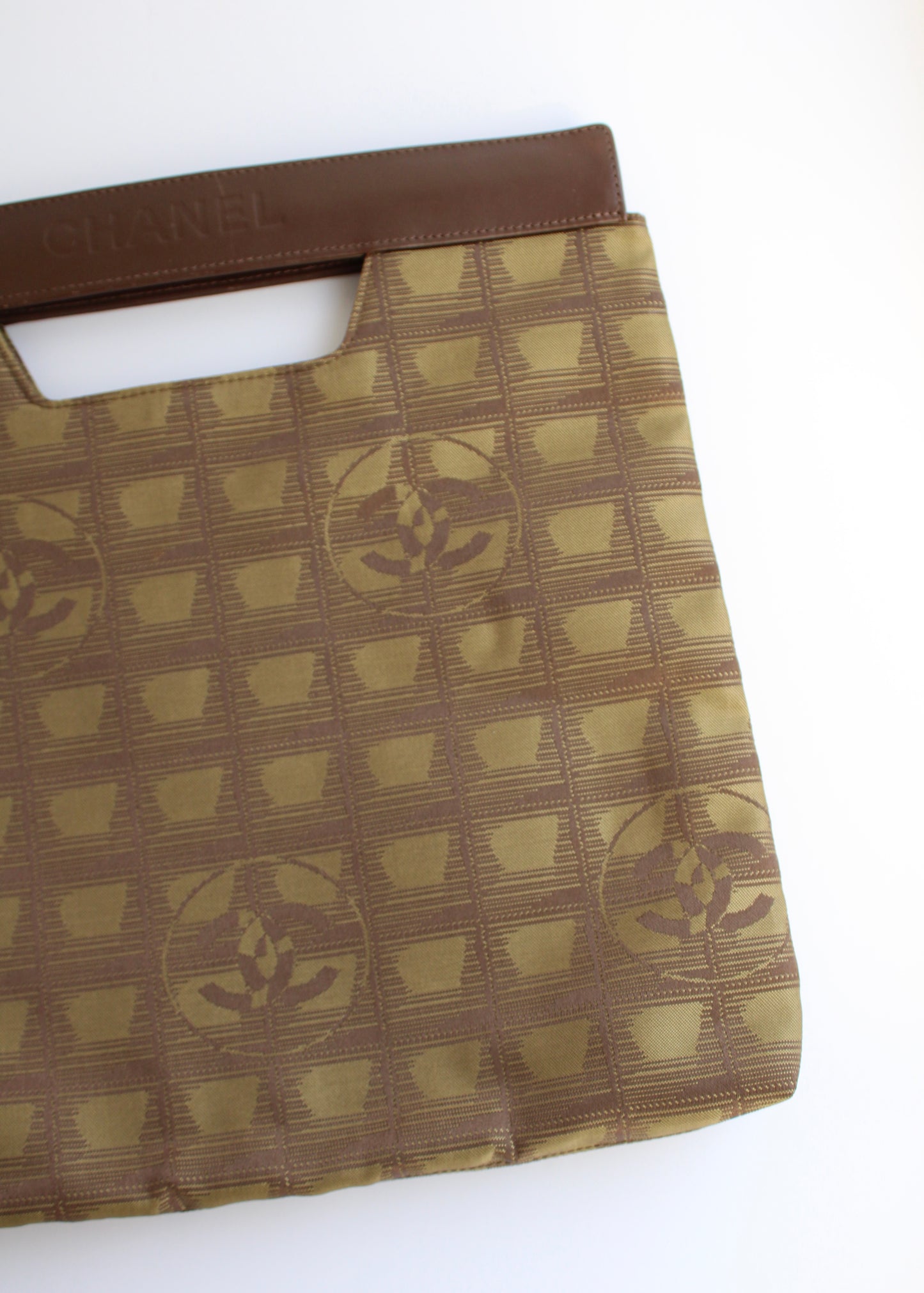 Authentic Preowned Vintage Chanel Khaki Canvas/ Leather Travel Line Clutch