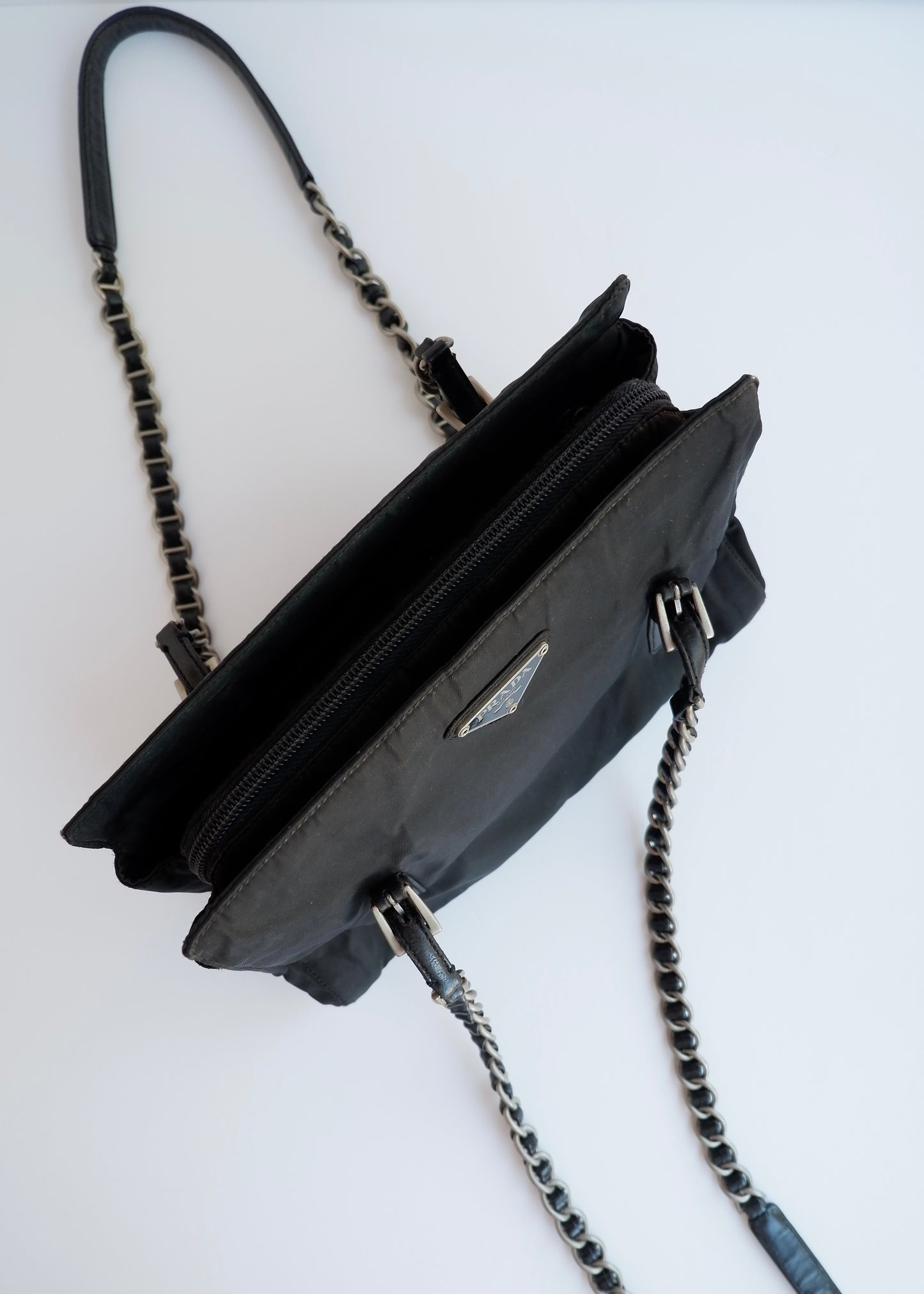 Authentic Preowned Prada Black Nylon/ Leather Metal Chain Shoulder Bag