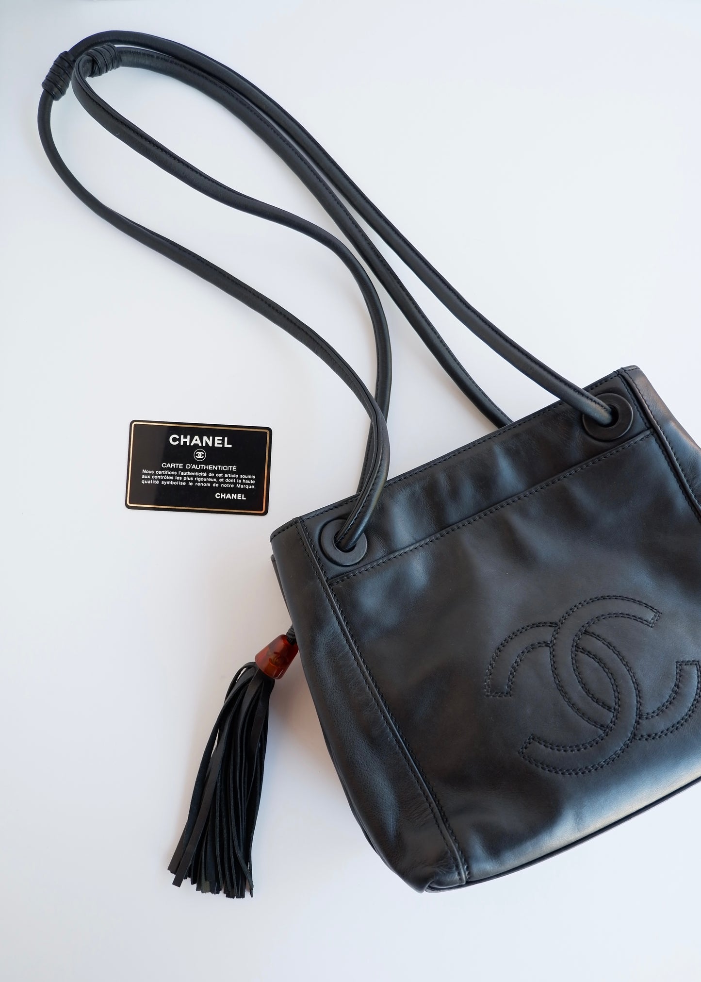 Authentic Preowned Vintage Chanel Black Leather CC Logo Tassel Shoulder Bag