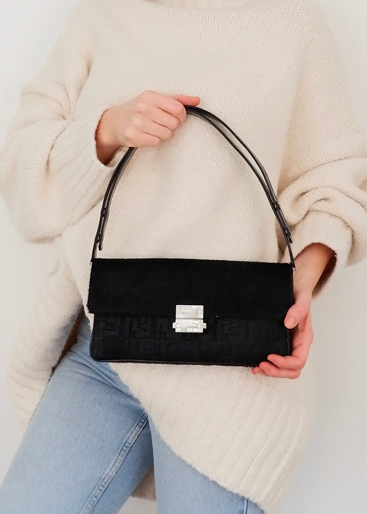 Authentic Preowned Rare Vintage Fendi Black Zucca Pony Hair/ Crystal Logo Shoulder Bag