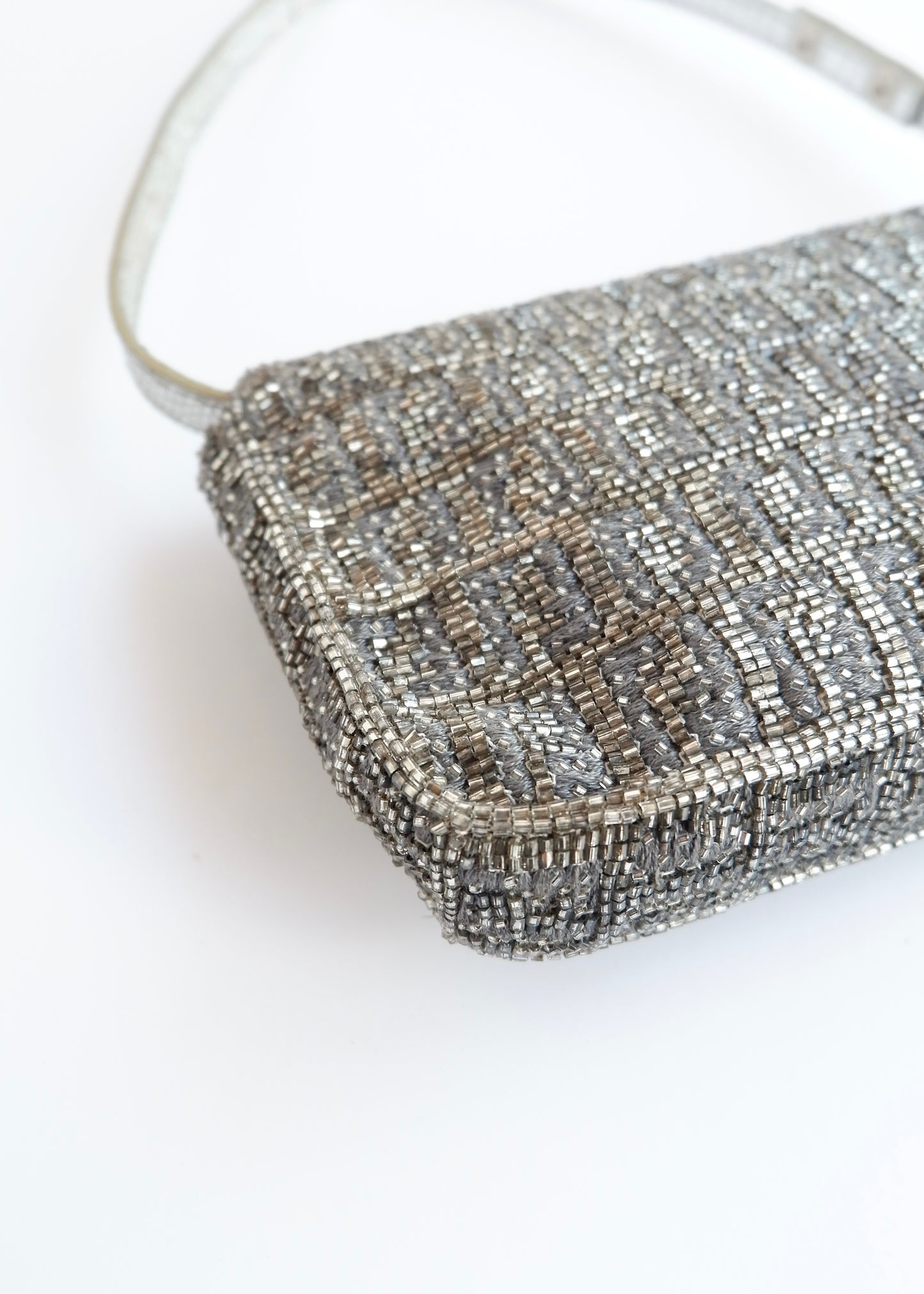 Authentic Preowned Vintage Fendi Silver FF Zucchino Beaded Small Baguette Shoulder Bag