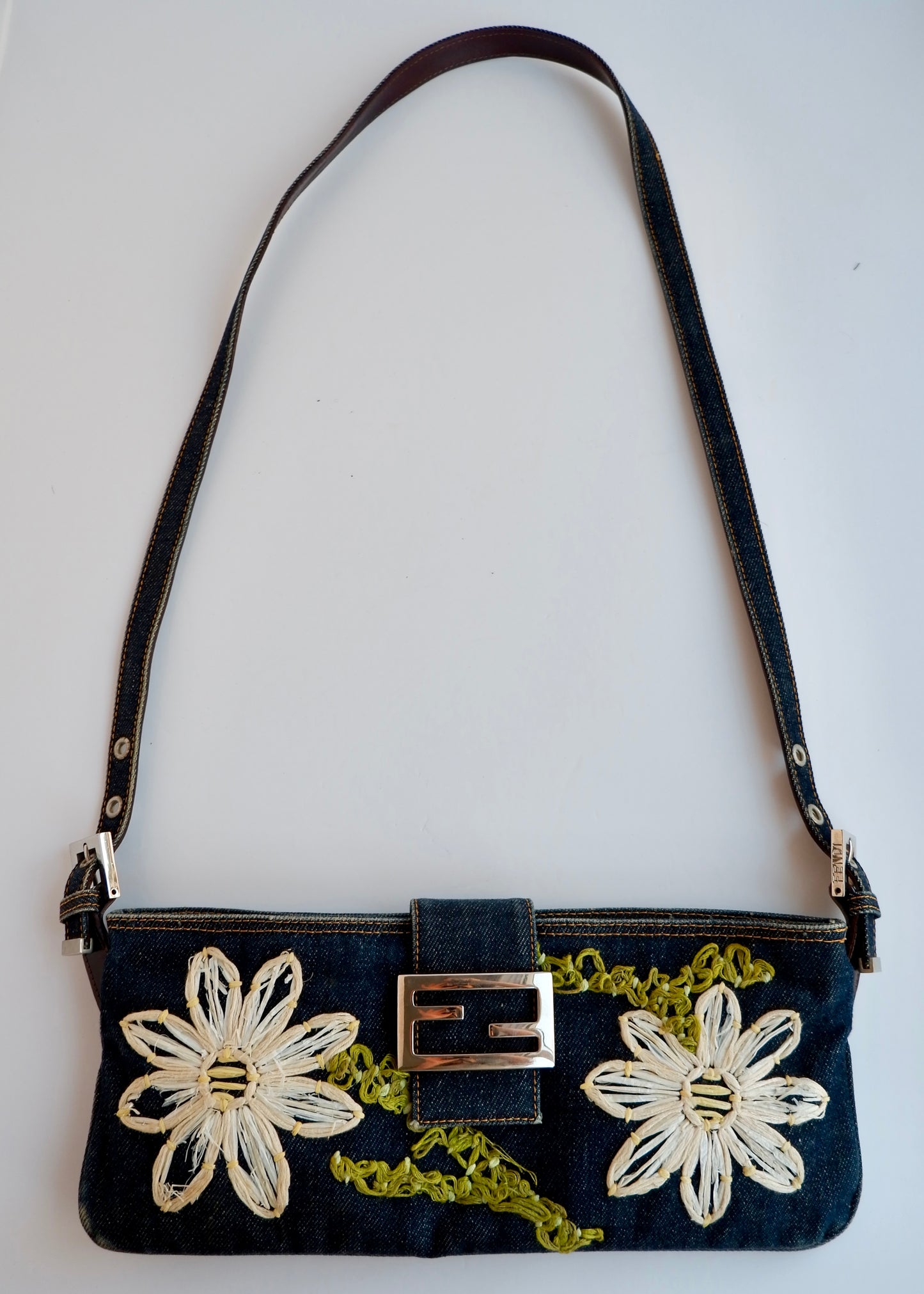 Authentic Preowned Fendi Mamma Denim Flower Emroidered Shoulder Bag