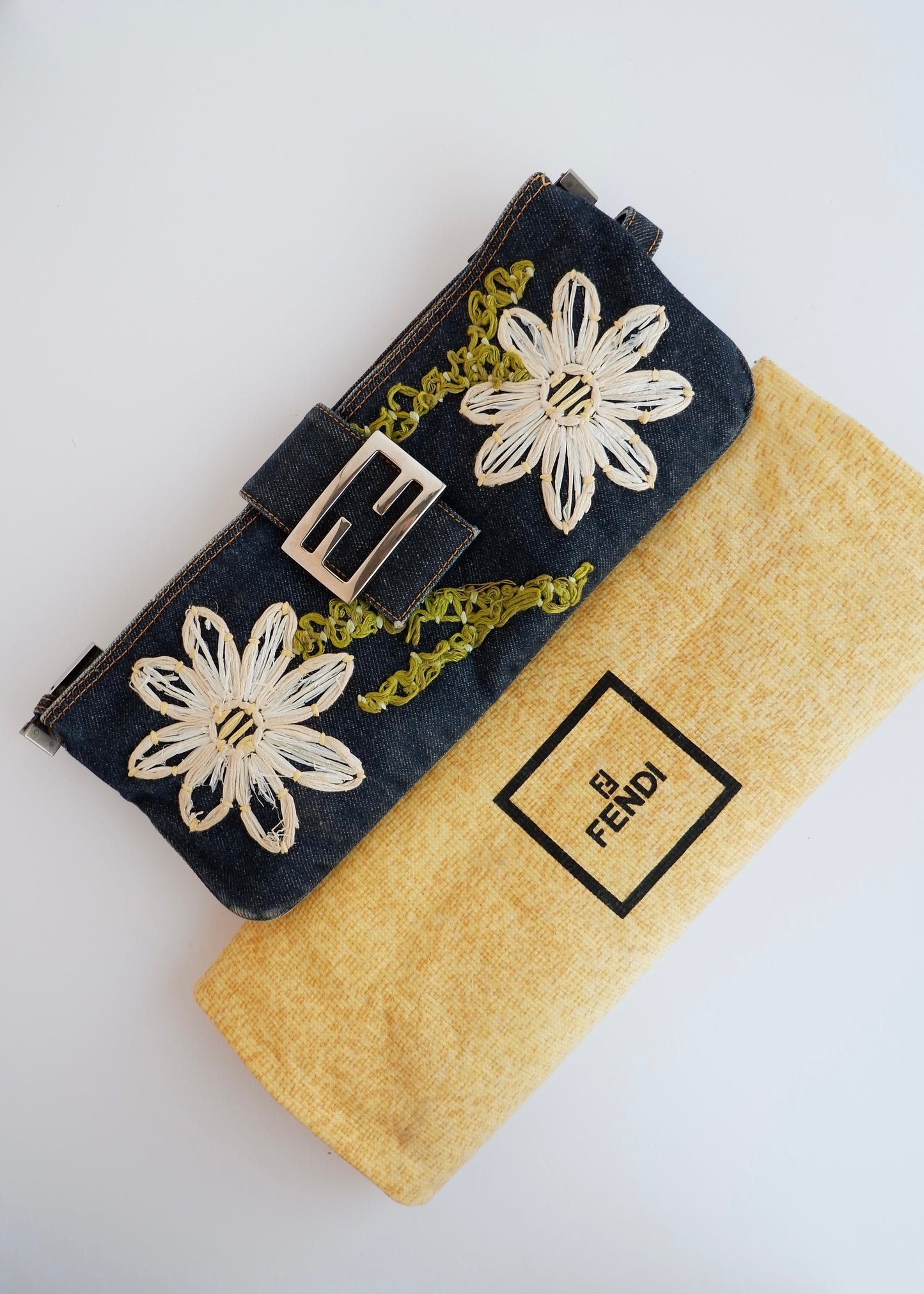 Authentic Preowned Fendi Mamma Denim Flower Emroidered Shoulder Bag