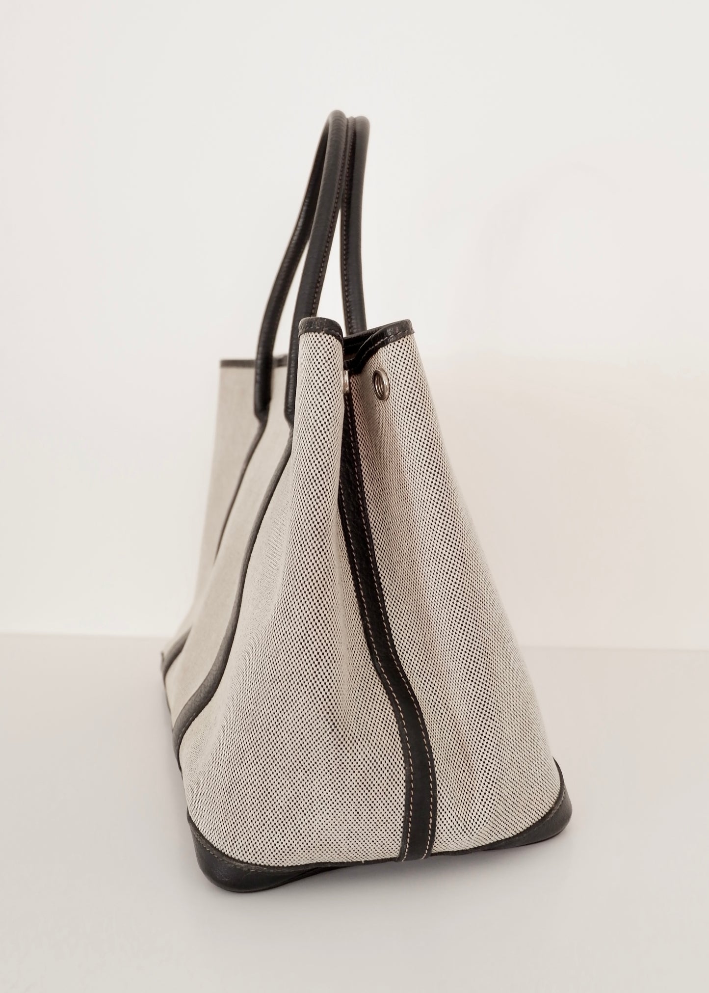 Authentic Preowned Hermes Black/Gray Leather/Canvas Garden Party Tote