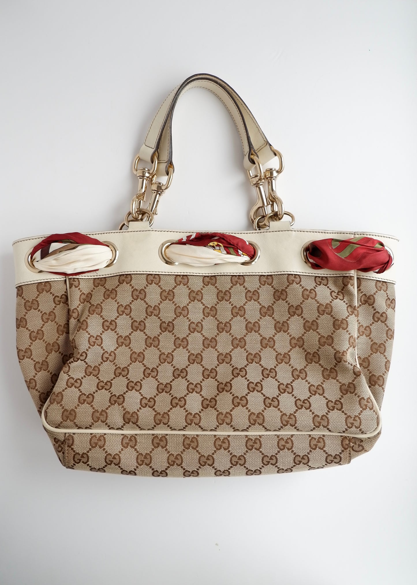 Authentic Preowned Gucci White GG Canvas/ Scarf Detail Handbag