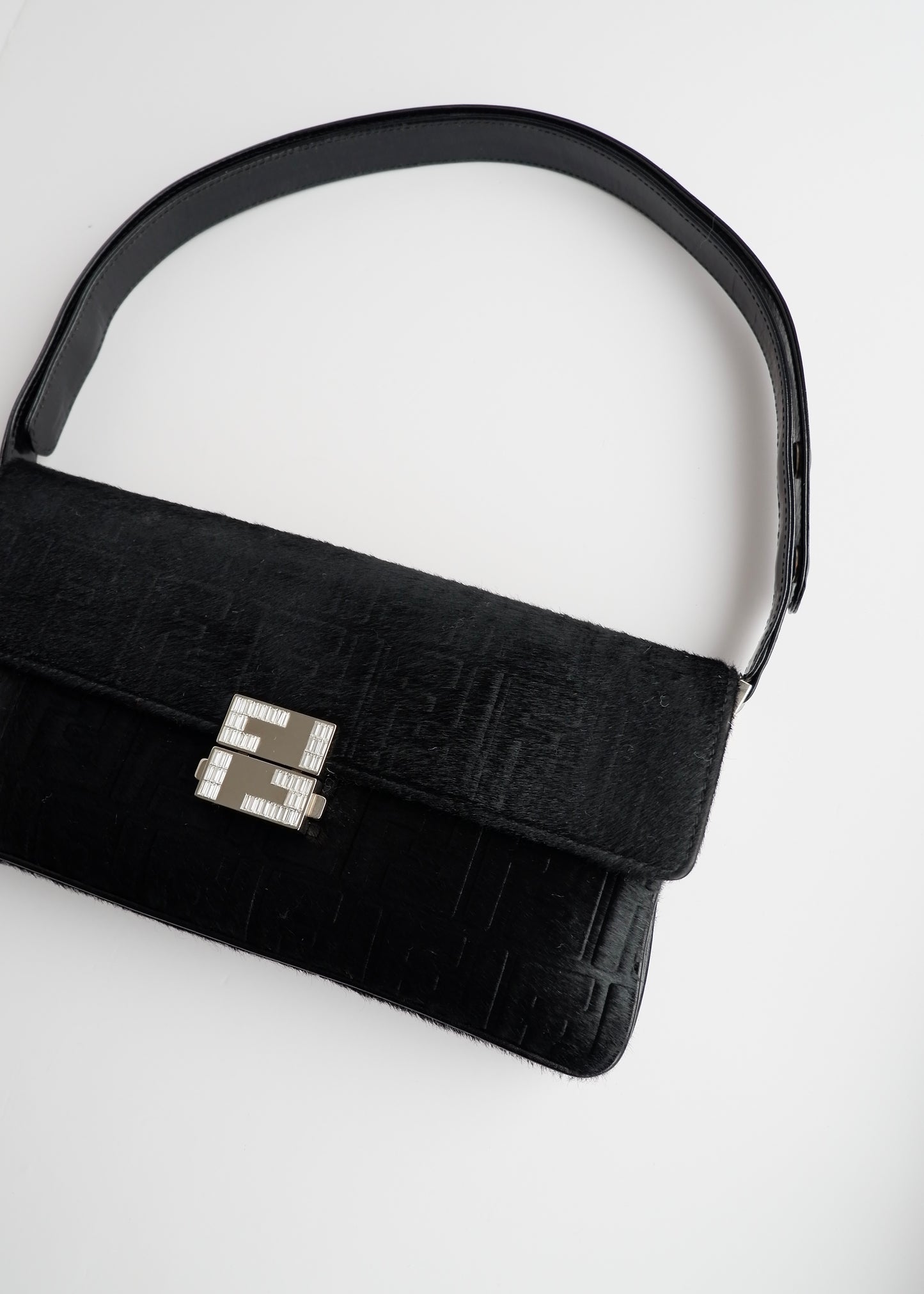 Authentic Preowned Rare Vintage Fendi Black Zucca Pony Hair/ Crystal Logo Shoulder Bag