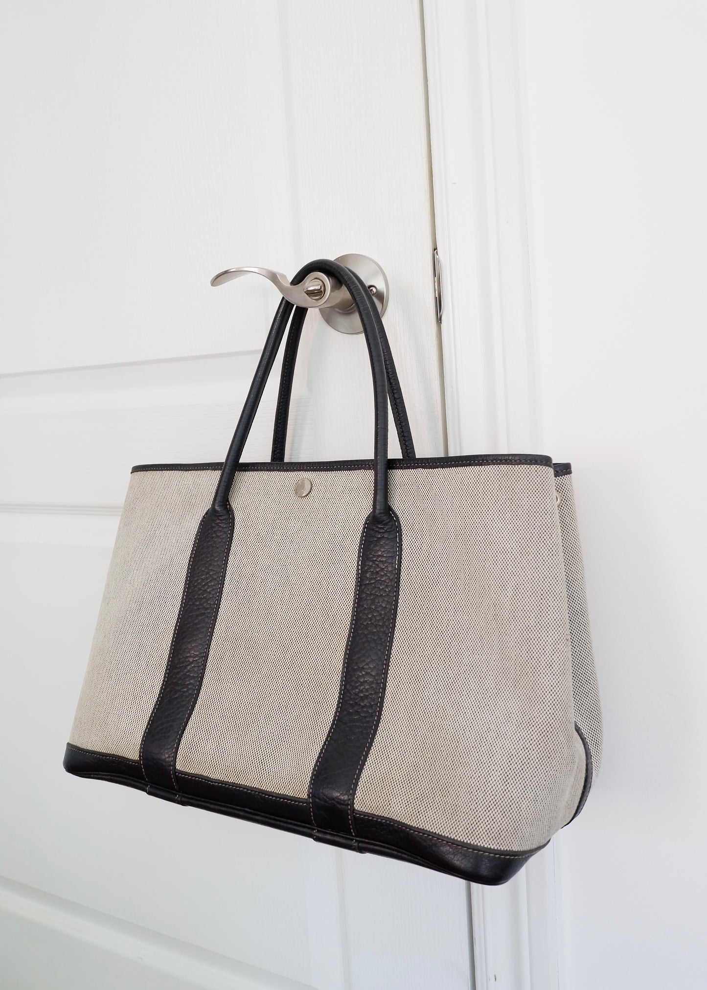 Authentic Preowned Hermes Black/Gray Leather/Canvas Garden Party Tote