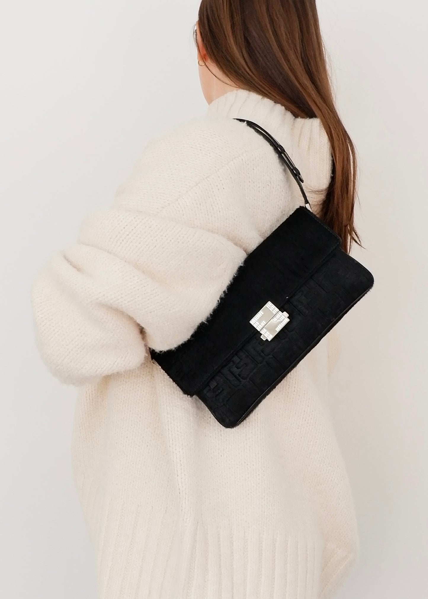 Authentic Preowned Rare Vintage Fendi Black Zucca Pony Hair/ Crystal Logo Shoulder Bag