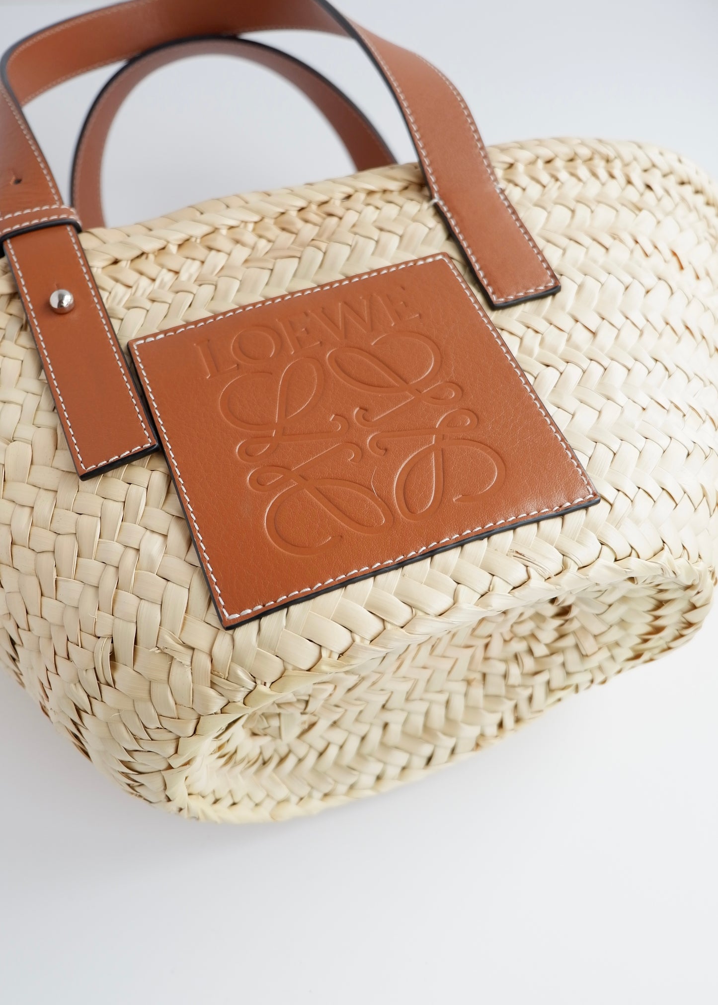 Authentic Preowned Loewe Brown Small Basket Bag In Palm Leaf and Calfskin