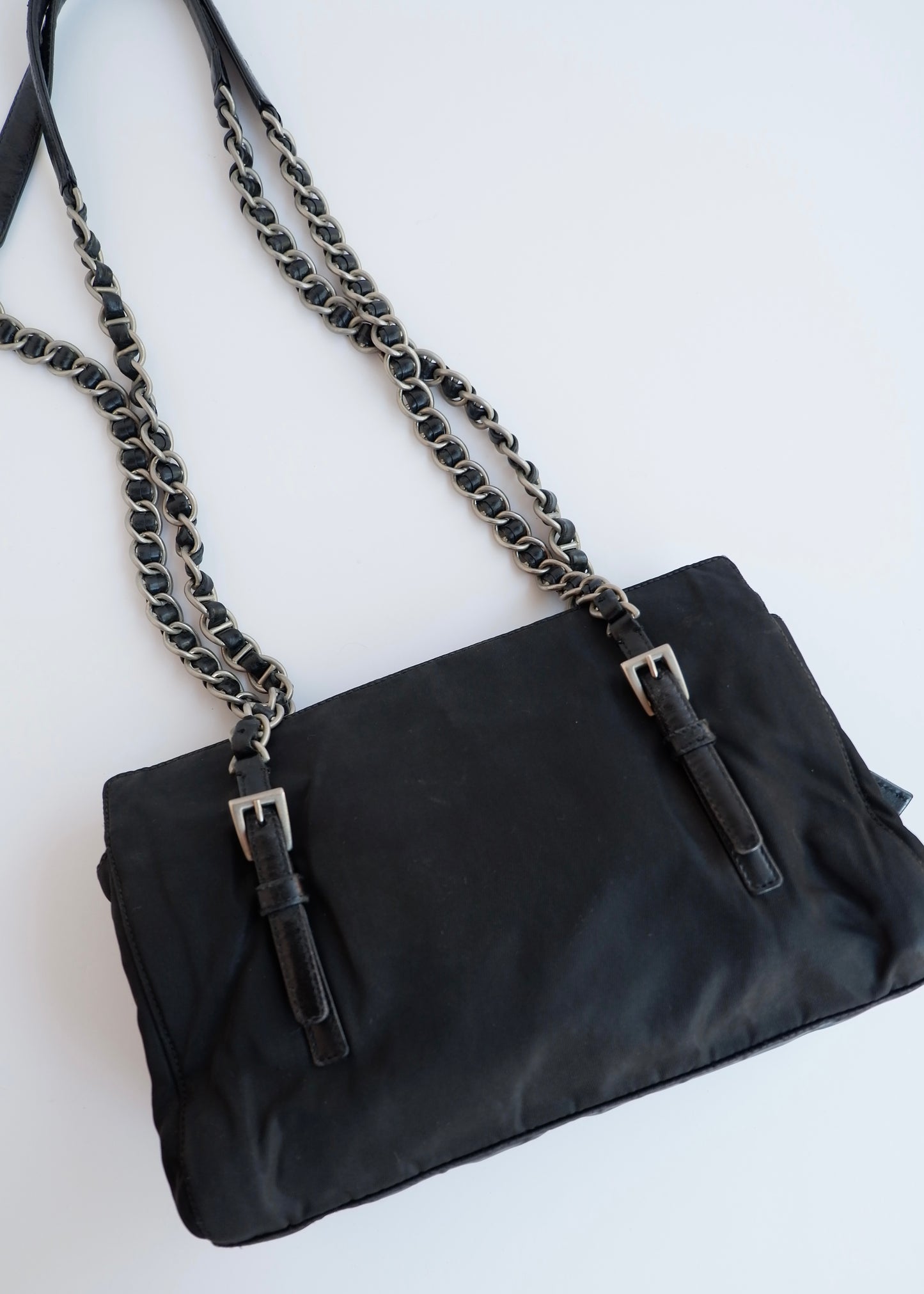 Authentic Preowned Prada Black Nylon/ Leather Metal Chain Shoulder Bag
