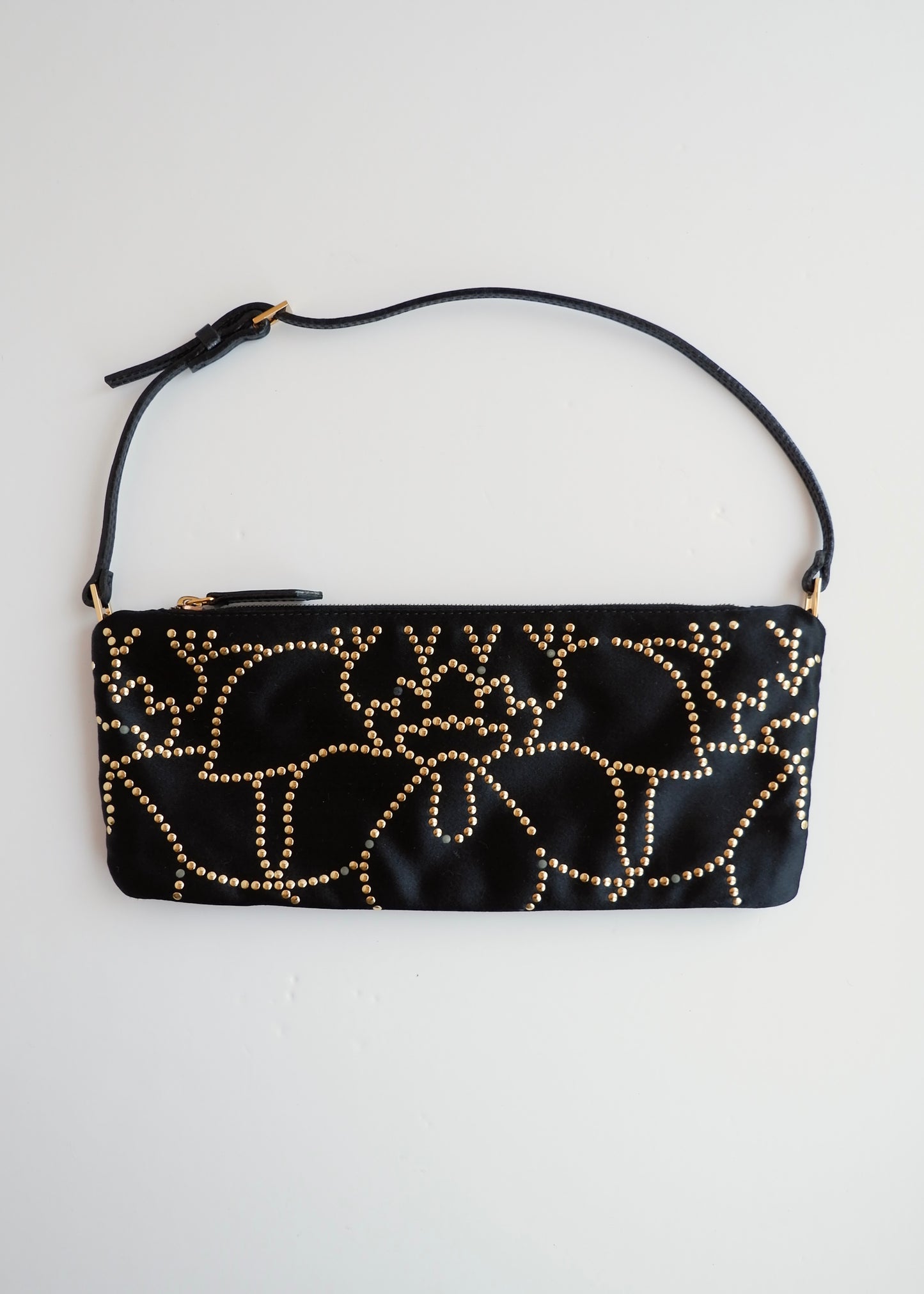 Authentic Preowned Valentino Black Satin Gold Studded Shoulder Bag
