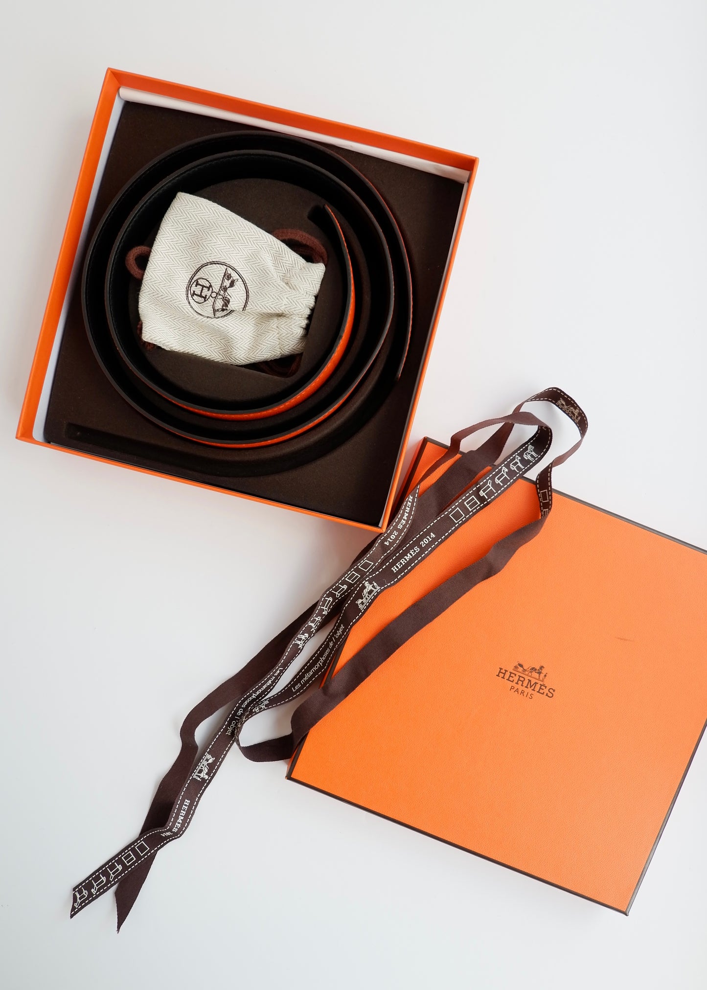 Authentic Preowned Hermes Black/ Orange Leather Martelee H Belt - 85