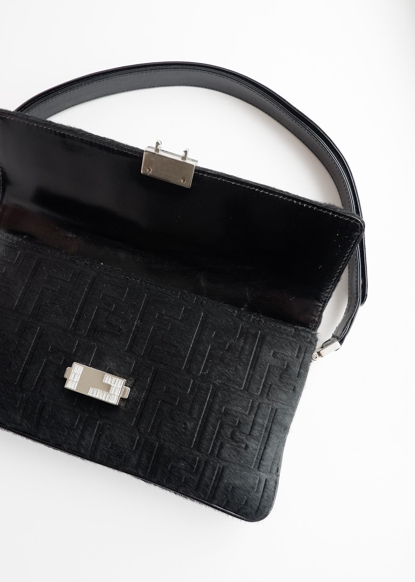 Authentic Preowned Rare Vintage Fendi Black Zucca Pony Hair/ Crystal Logo Shoulder Bag