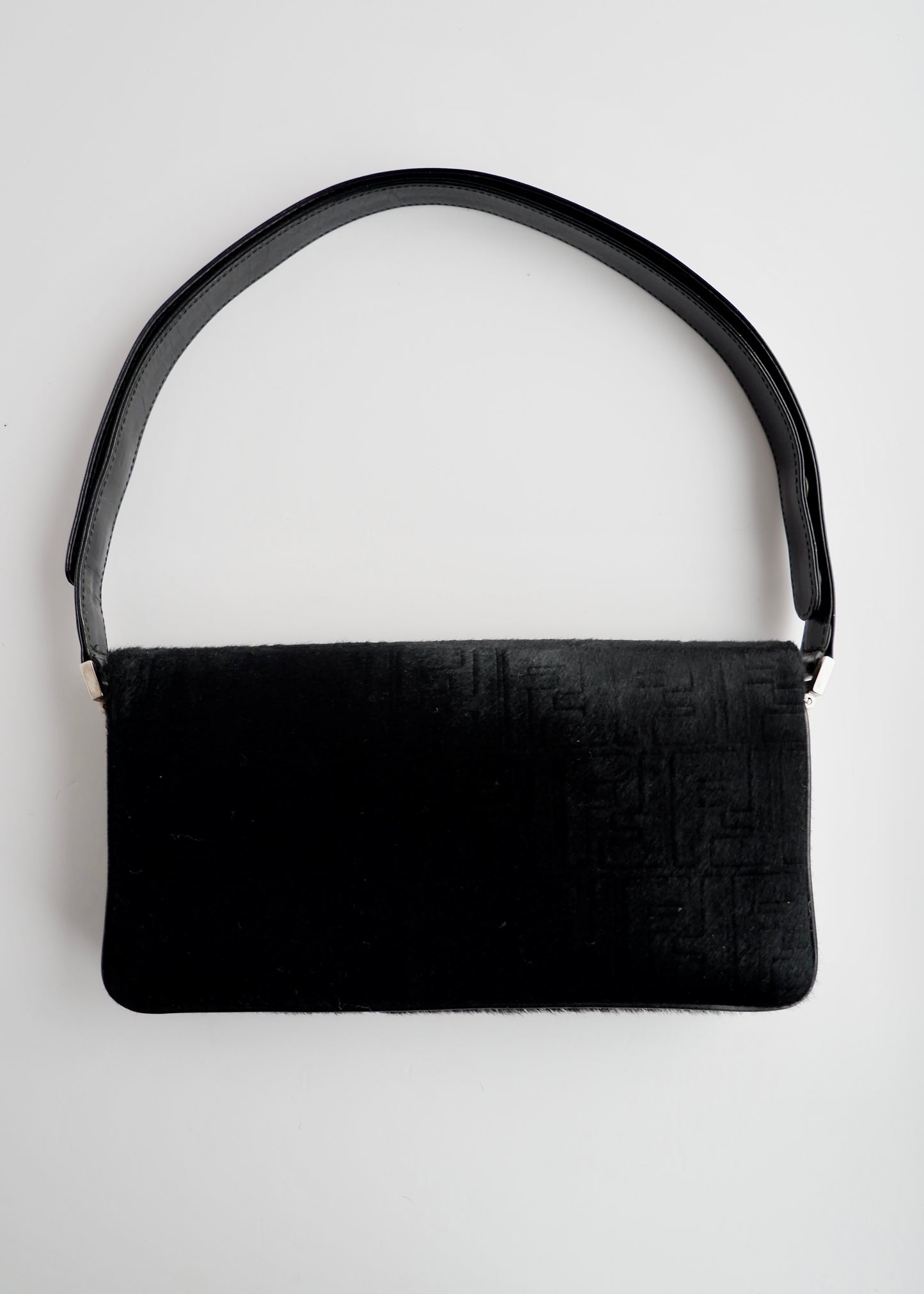 Authentic Preowned Rare Vintage Fendi Black Zucca Pony Hair/ Crystal Logo Shoulder Bag