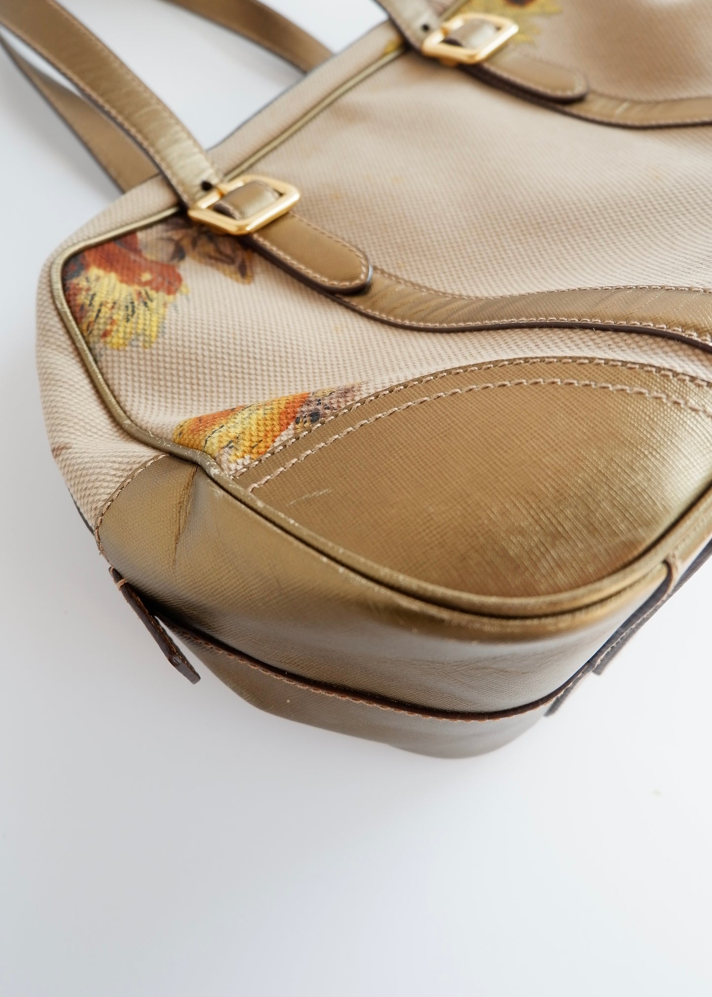 Authentic Preowned Prada Beige/ Gold St. Rose Bauletto Bag