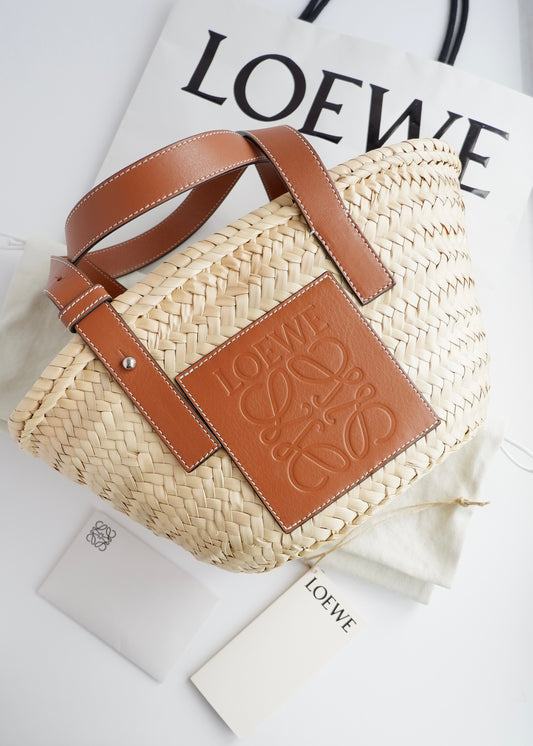 Authentic Preowned Loewe Brown Small Basket Bag In Palm Leaf and Calfskin