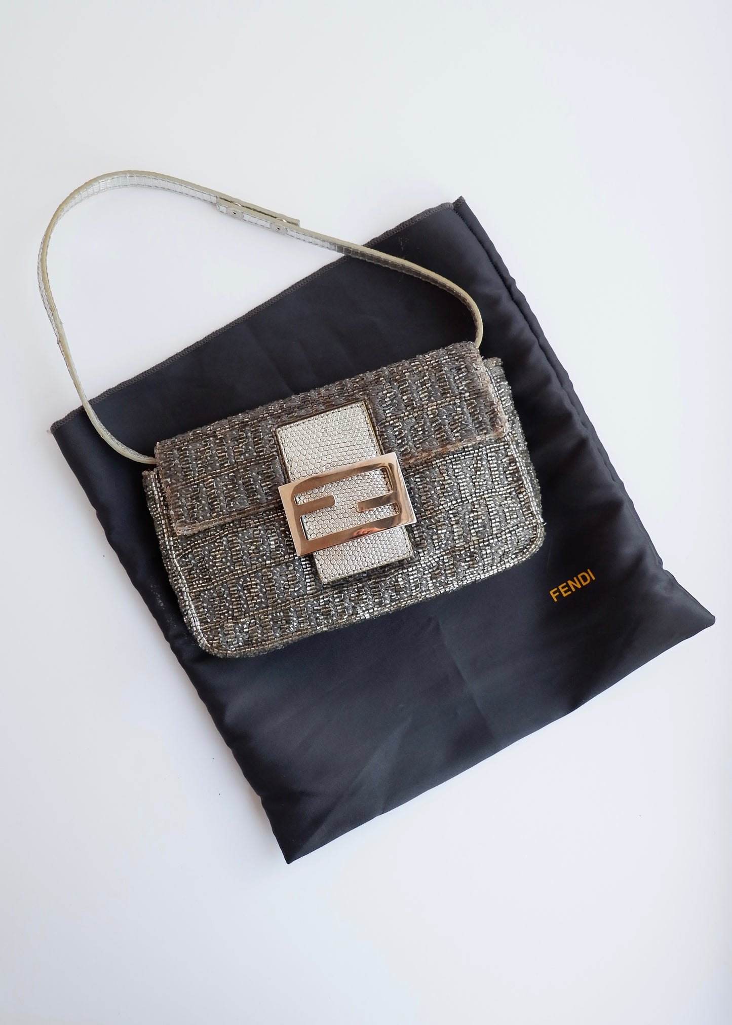 Authentic Preowned Vintage Fendi Silver FF Zucchino Beaded Small Baguette Shoulder Bag
