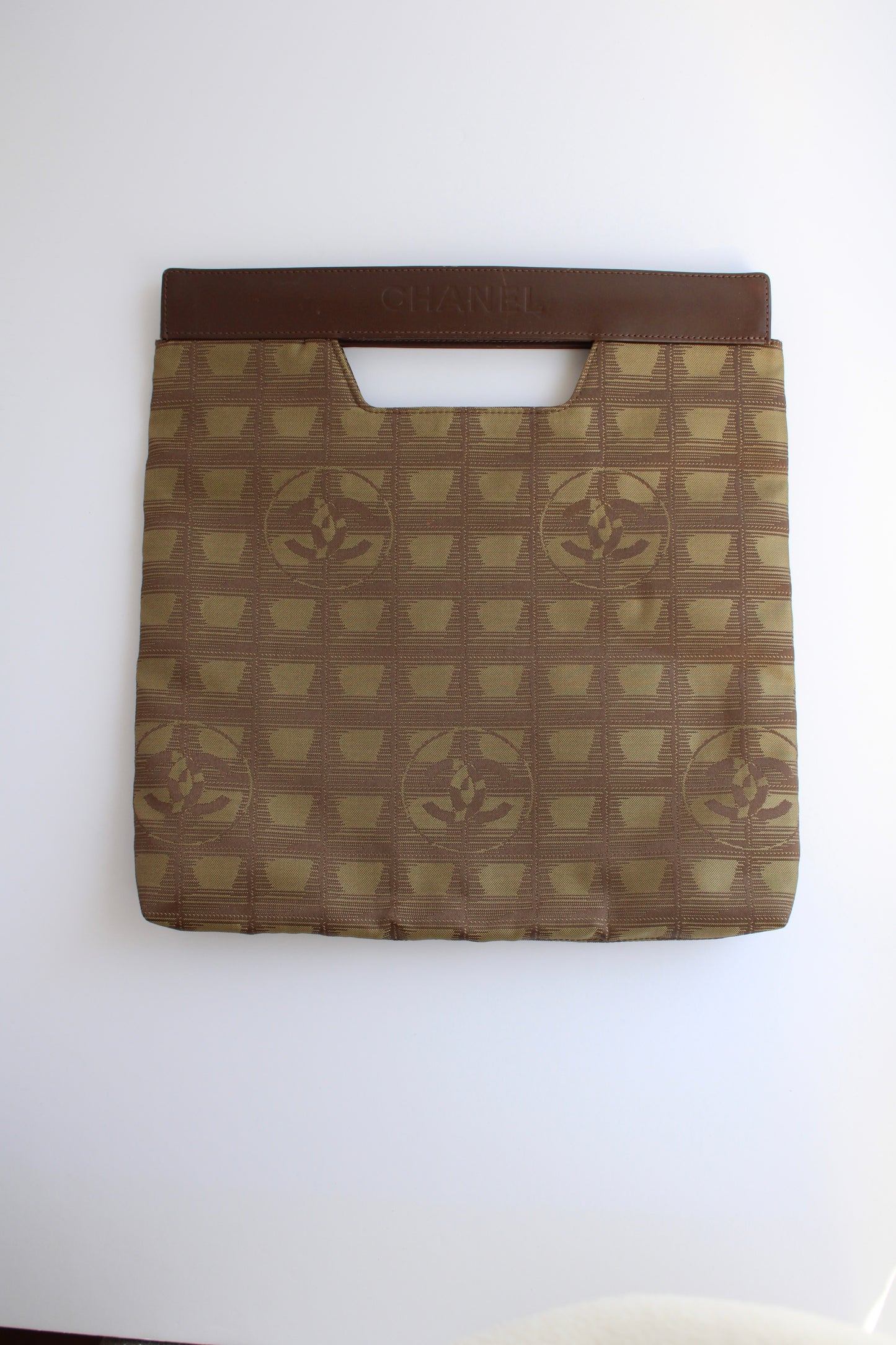 Authentic Preowned Vintage Chanel Khaki Canvas/ Leather Travel Line Clutch