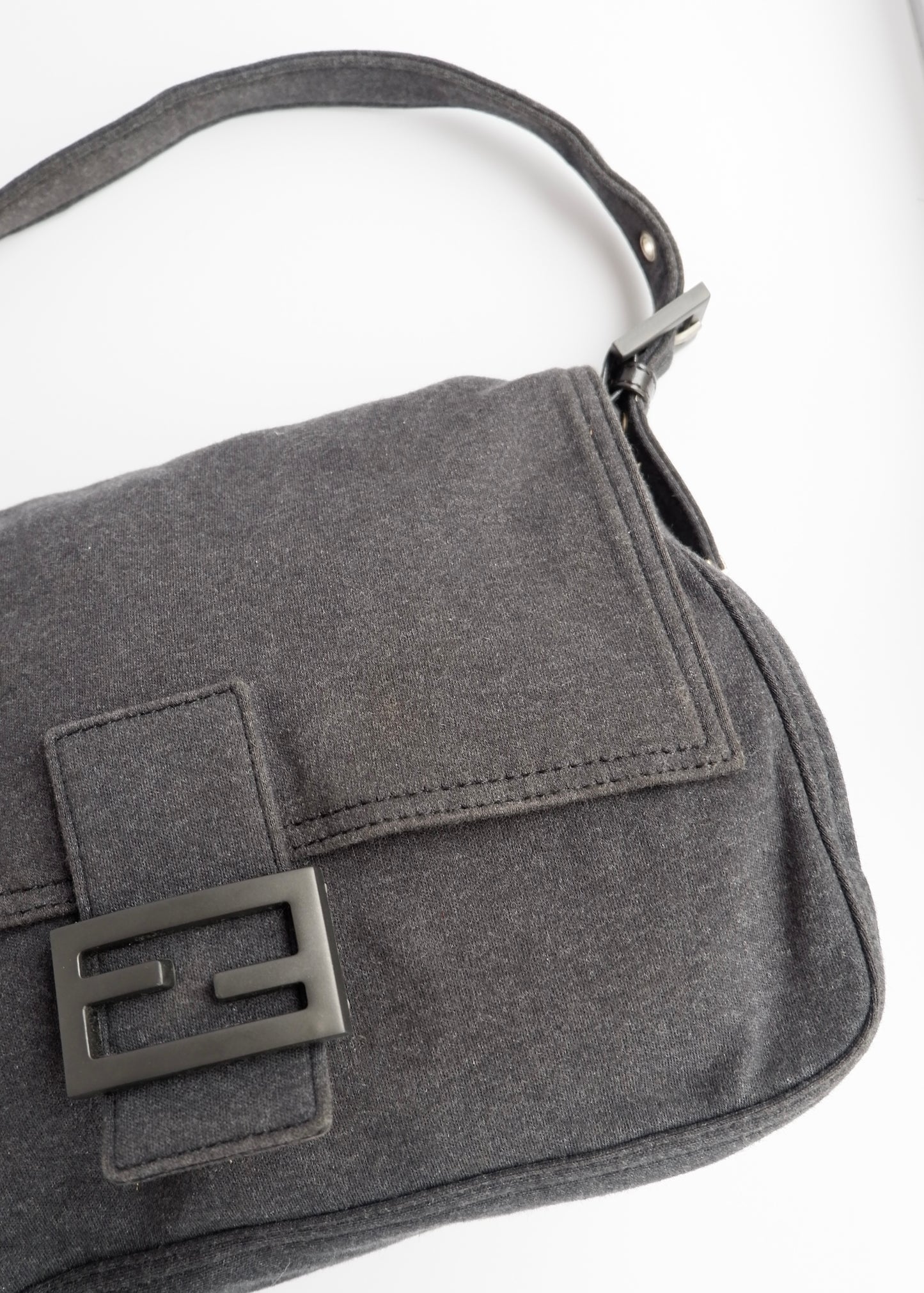 Authentic Preowned Fendi Dark Grey Cotton Mamma Baguette Shoulder Bag