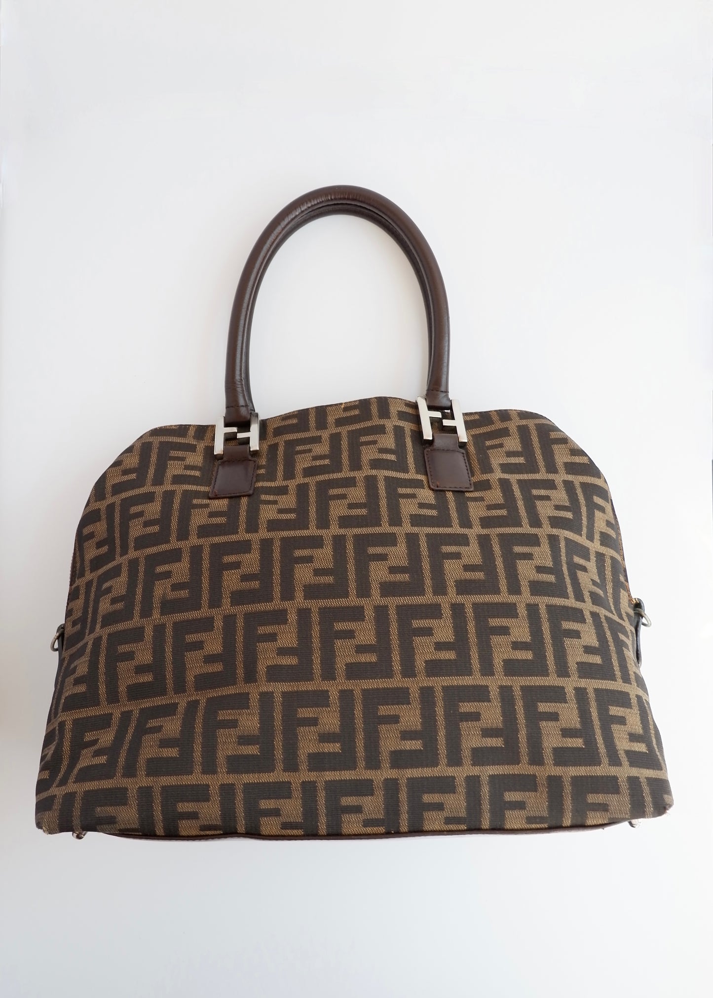 Authentic Preownd Vintage Fendi Brown Canvas Zucca Bowler Shoulder Bag