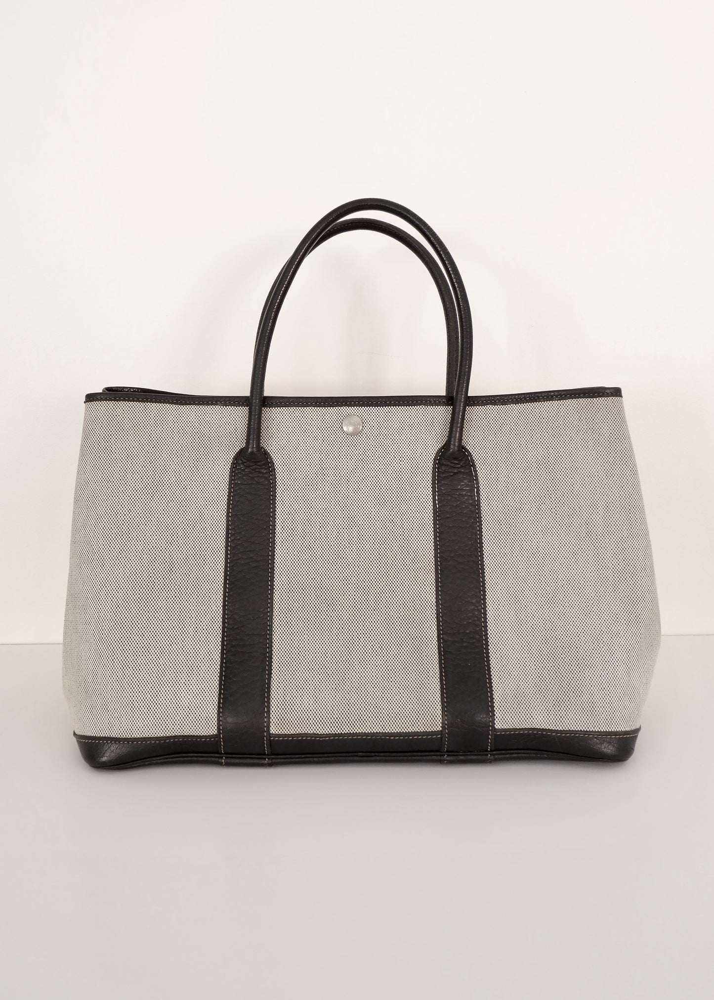 Authentic Preowned Hermes Black/Gray Leather/Canvas Garden Party Tote