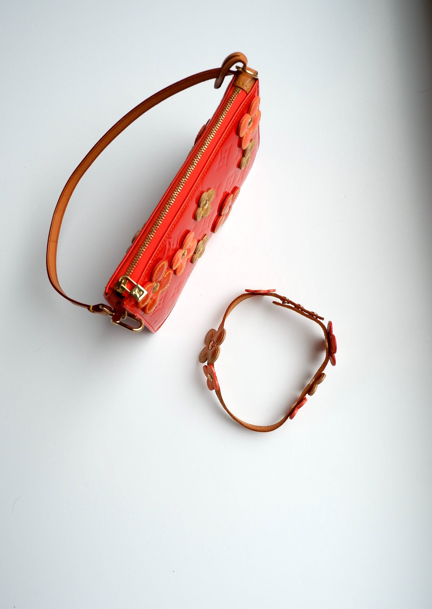 Authentic Preowned Louis Vuitton Red Vernis Floral Lexington Pouch + Matching Choker Necklace