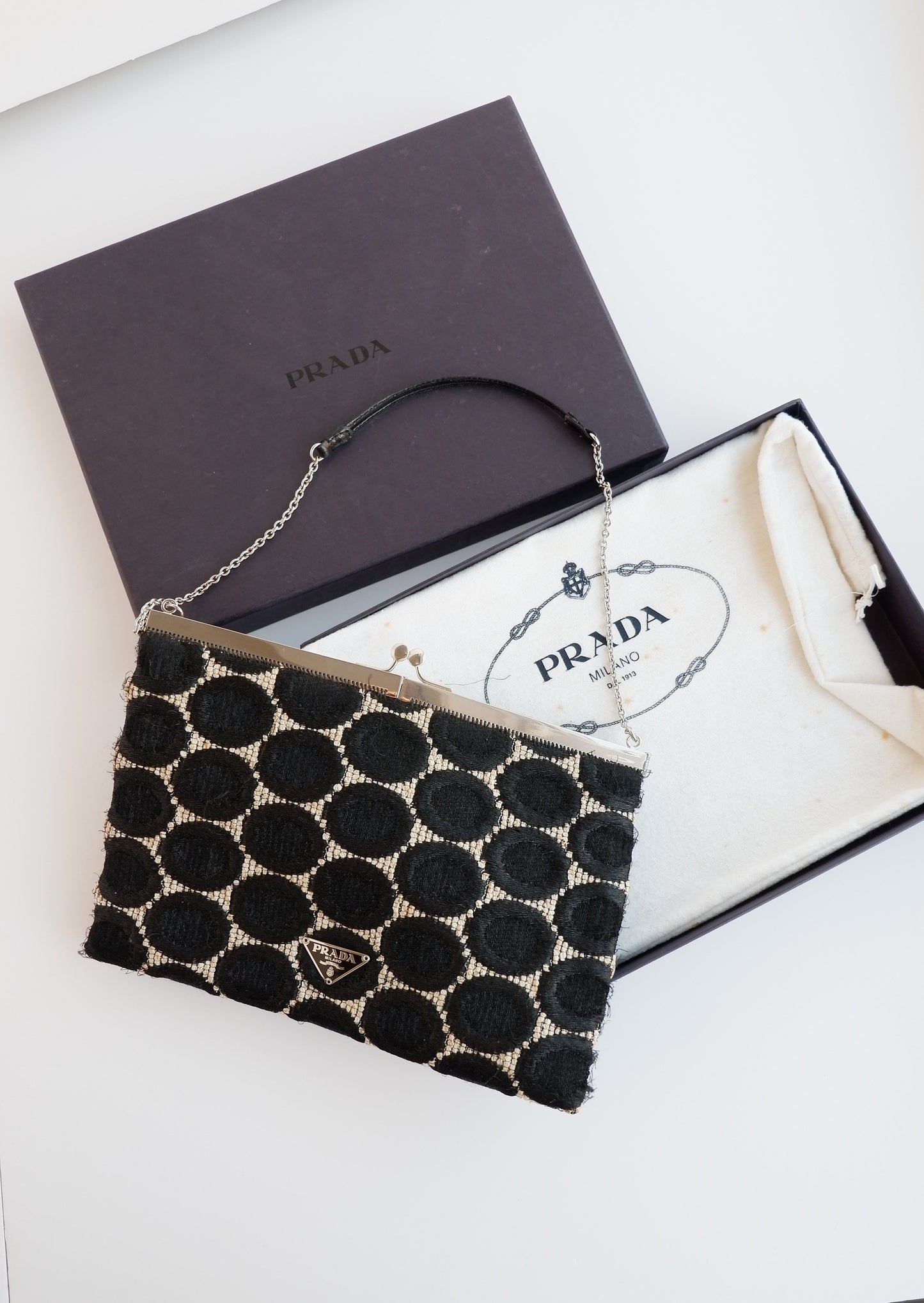 Authentic Preowned Prada Black / White Circle Print Clutch / Bag