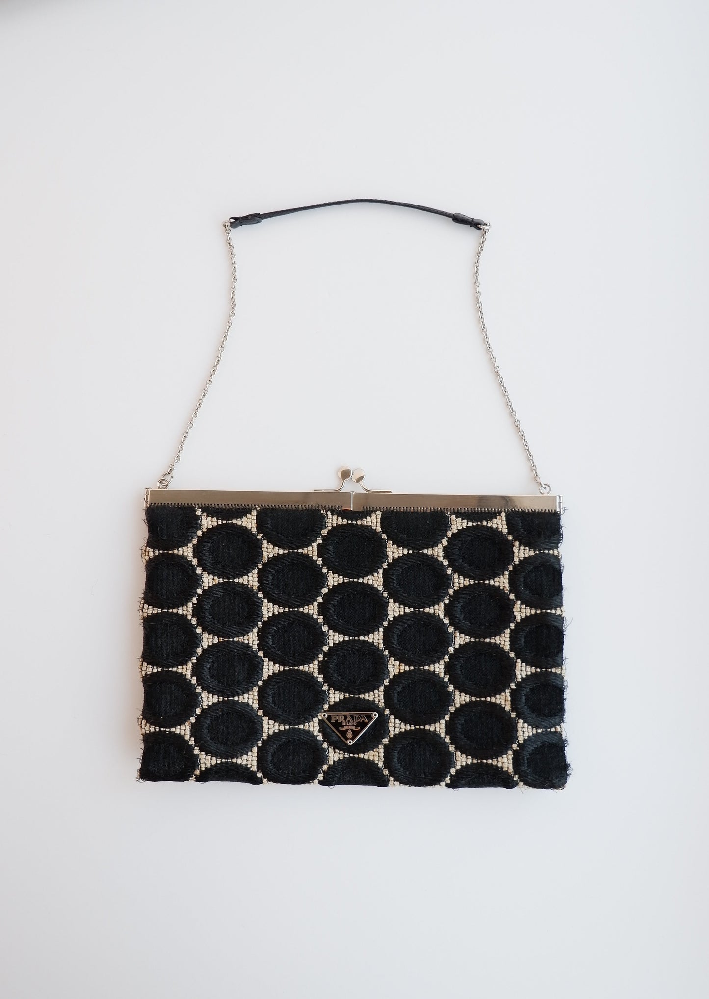 Authentic Preowned Prada Black / White Circle Print Clutch / Bag