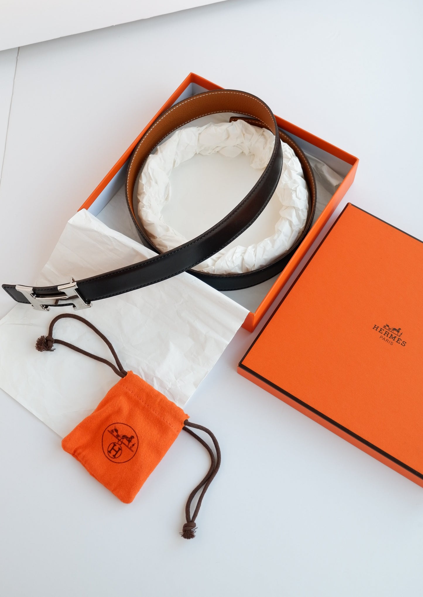 Authentic Preowned Hermes Black/Brown Constance Leather Reversible H Belt SHW - 85