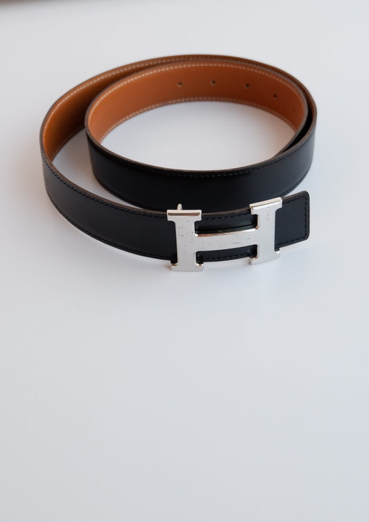 Authentic Preowned Hermes Black/Brown Constance Leather Reversible H Belt SHW - 85