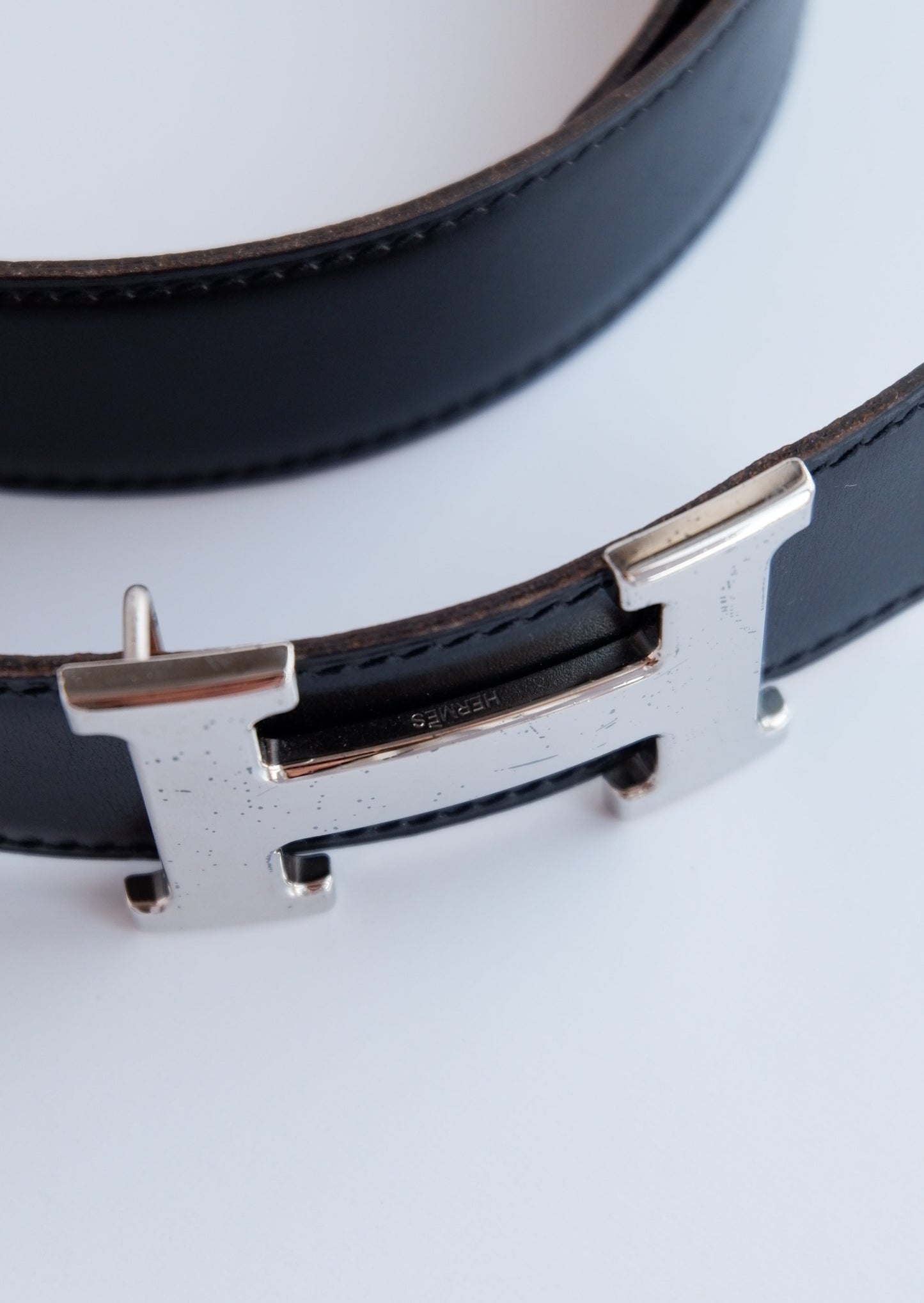 Authentic Preowned Hermes Black/Brown Constance Leather Reversible H Belt SHW - 85