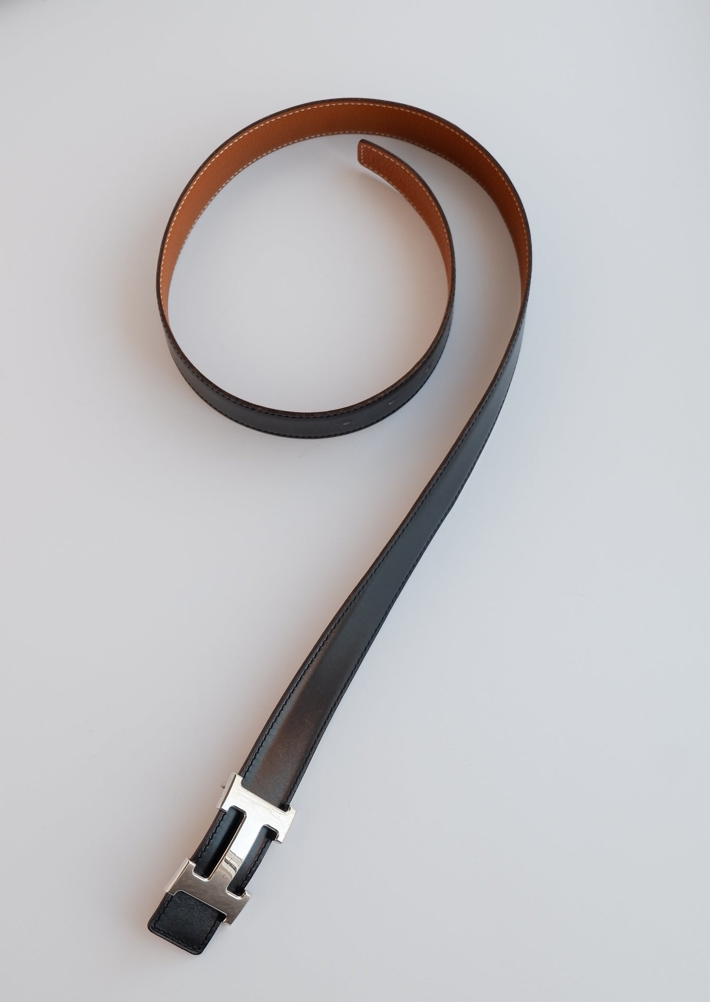 Authentic Preowned Hermes Black/Brown Constance Leather Reversible H Belt SHW - 85