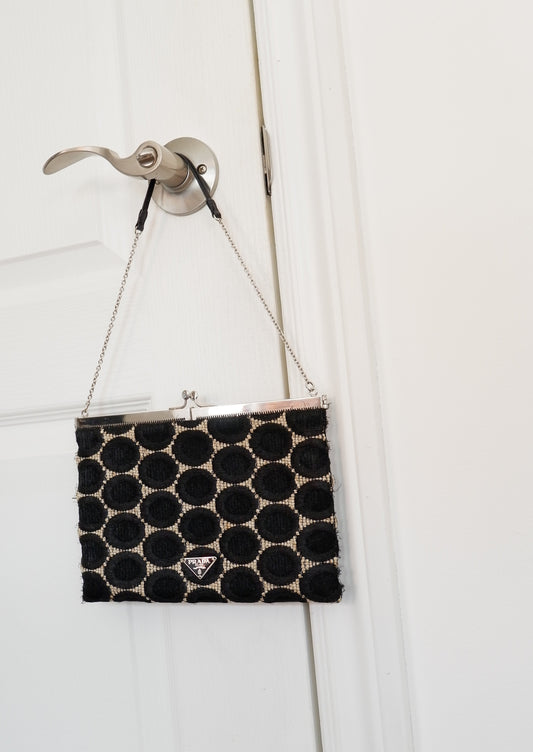 Authentic Preowned Prada Black / White Circle Print Clutch / Bag