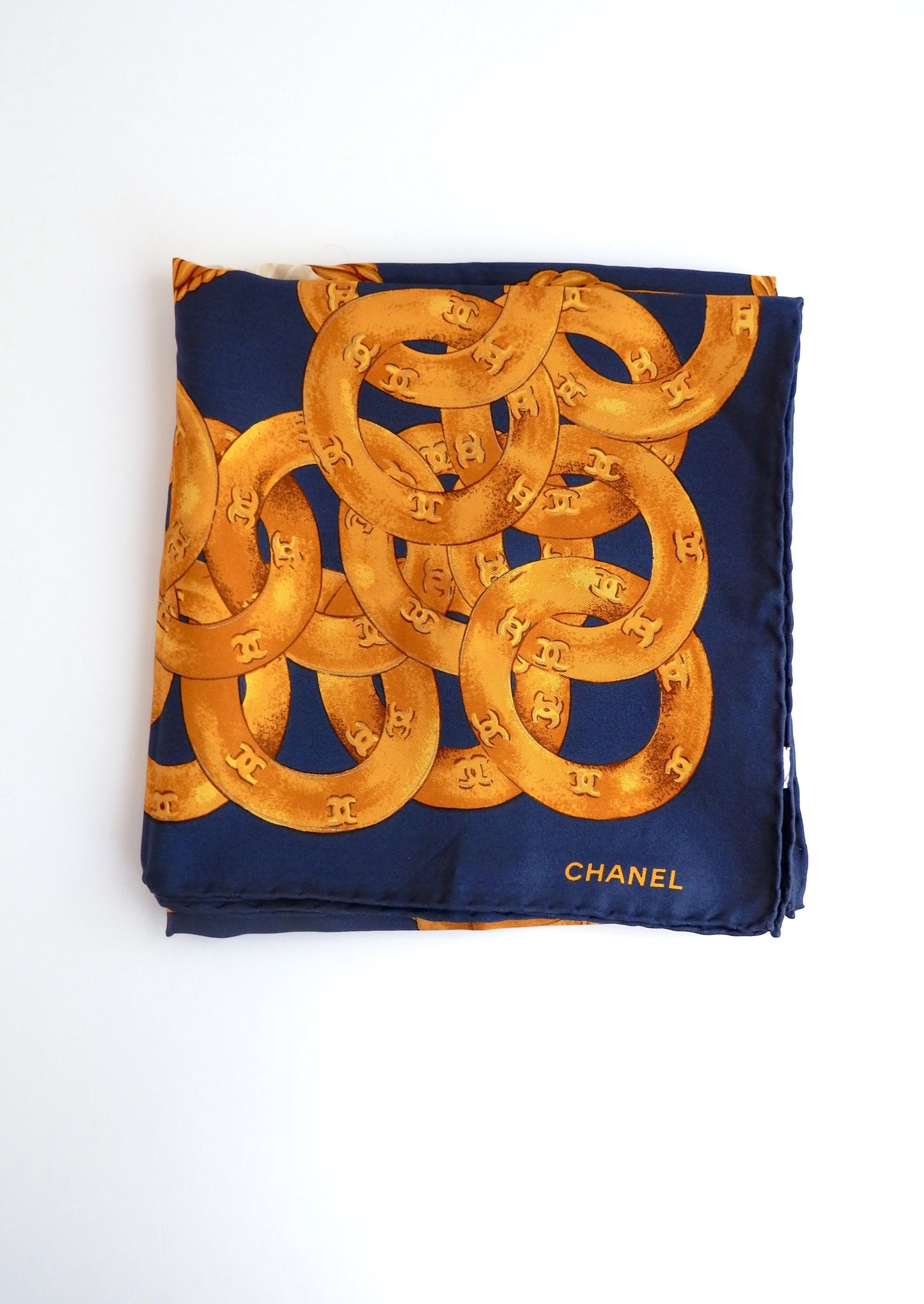 Authentic Preowned Chanel Navy/Gold Silk CC Logo Scarf