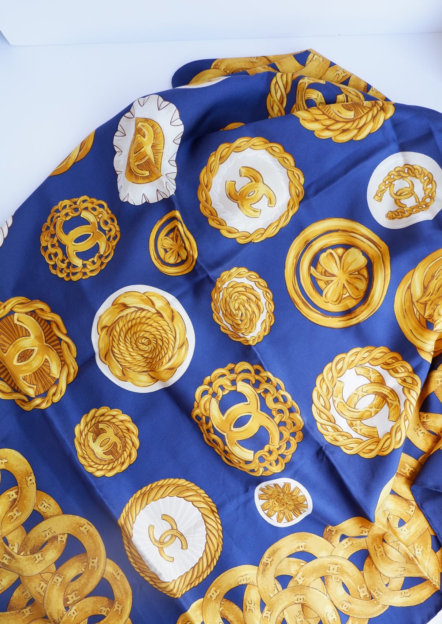 Authentic Preowned Chanel Navy/Gold Silk CC Logo Scarf