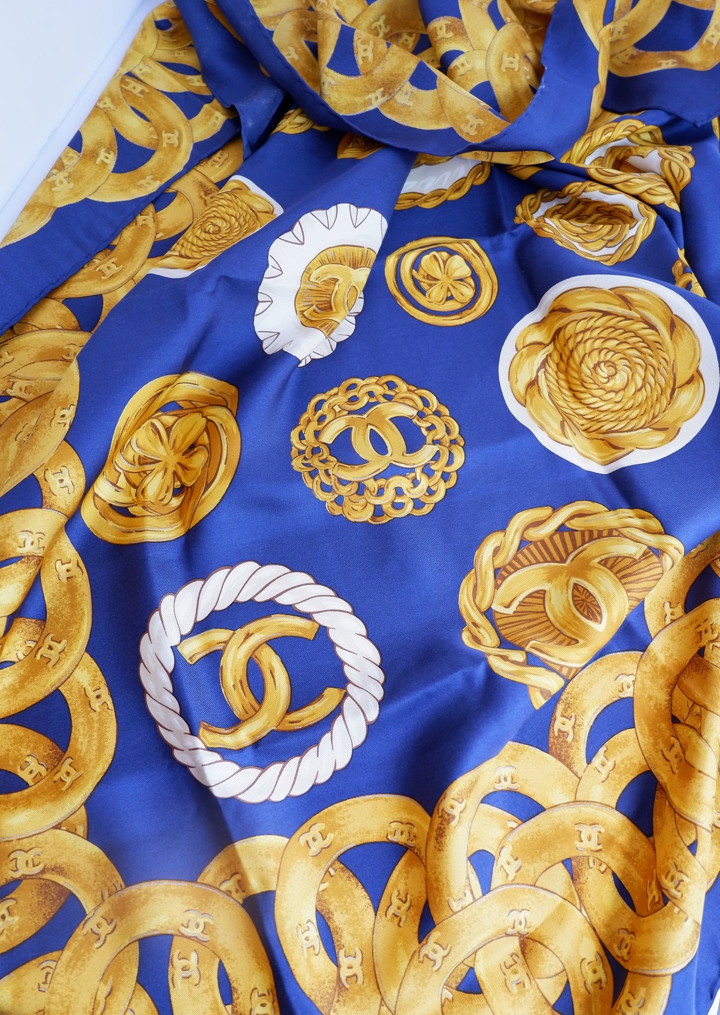 Authentic Preowned Chanel Navy/Gold Silk CC Logo Scarf