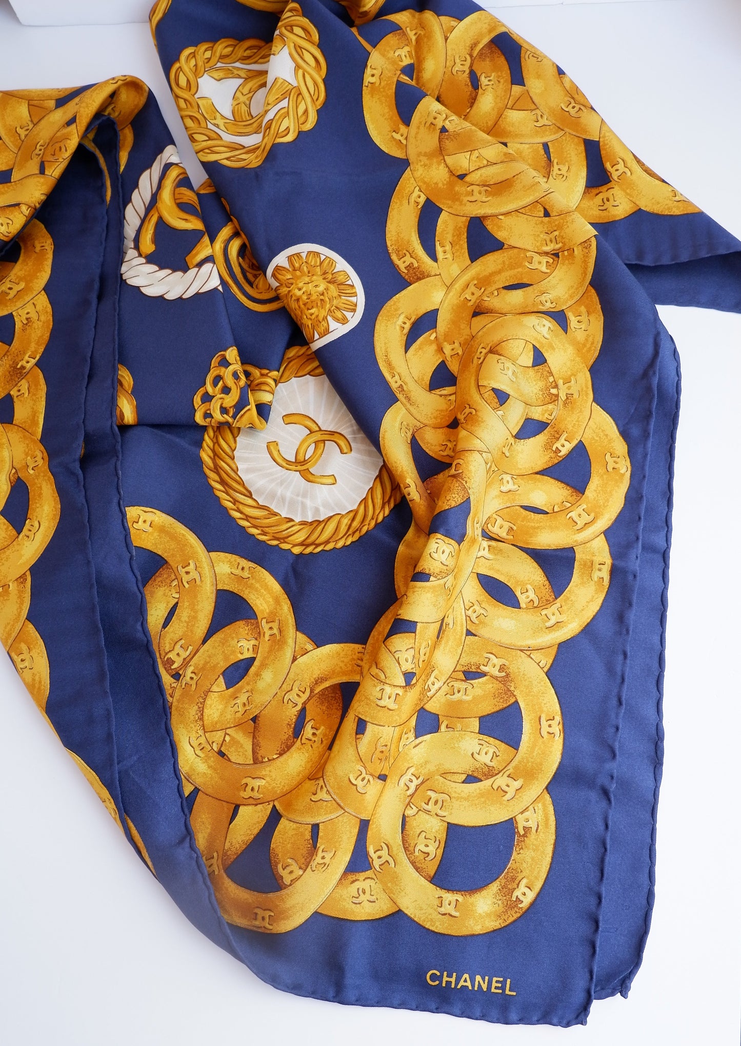 Authentic Preowned Chanel Navy/Gold Silk CC Logo Scarf