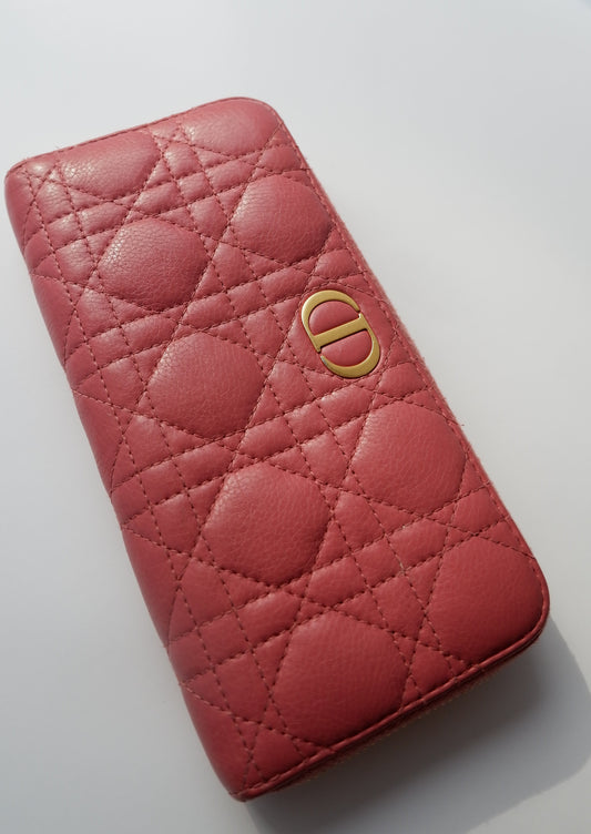 Authentic Preowned Dior Rose Pink Leather Cannage Long Zip Wallet