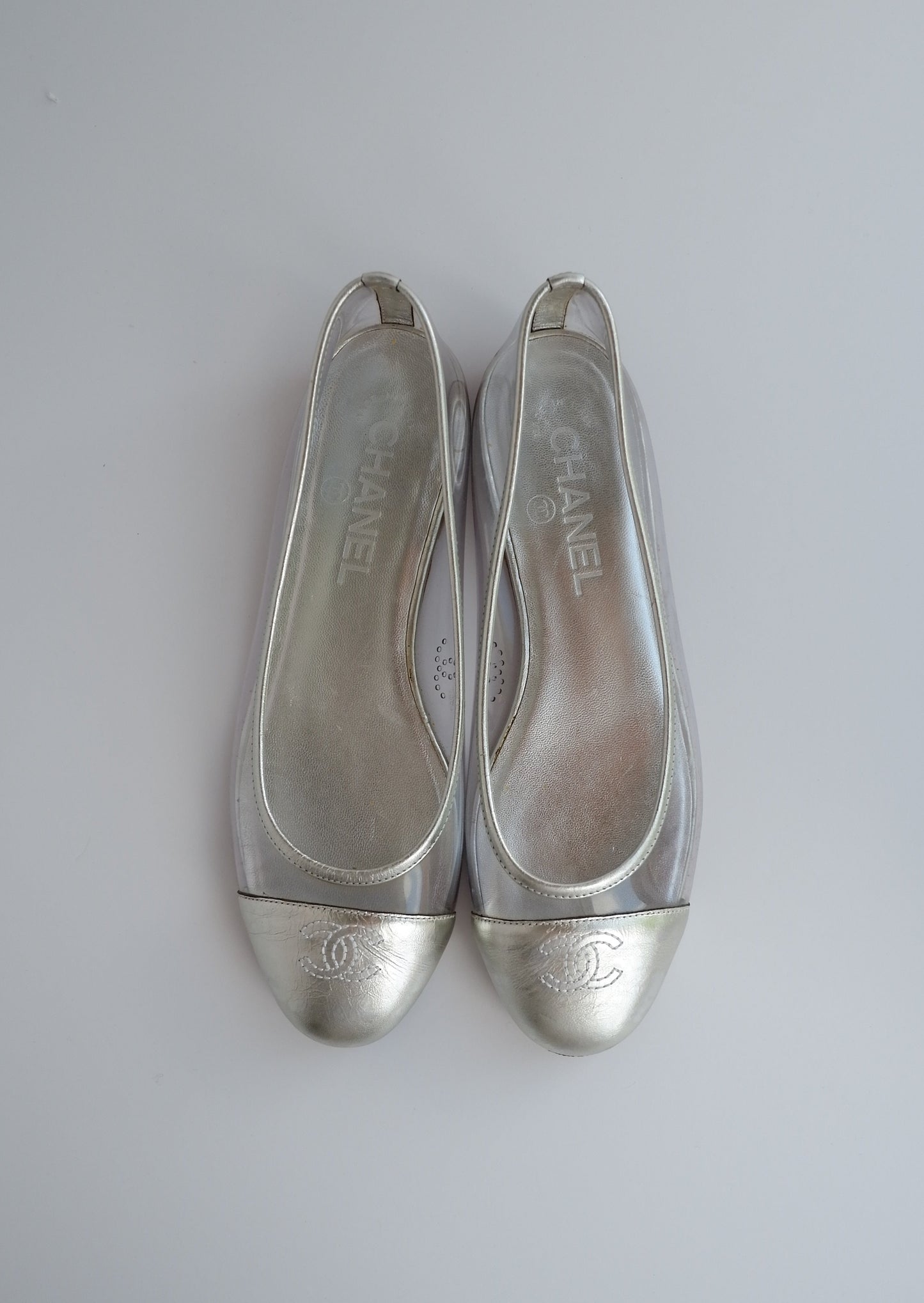 Authentic Preowned Chanel Silver/Acetate Ballet Flats - 36