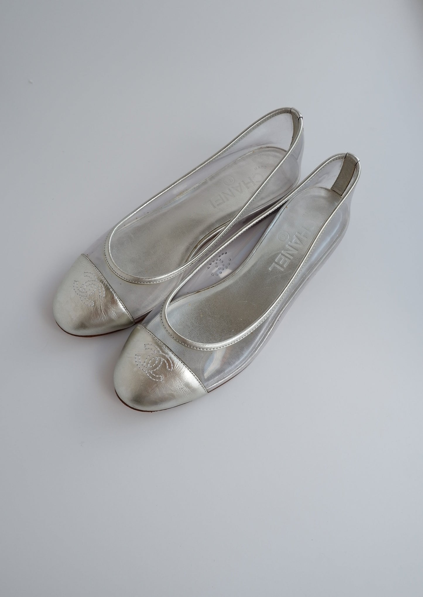 Authentic Preowned Chanel Silver/Acetate Ballet Flats - 36
