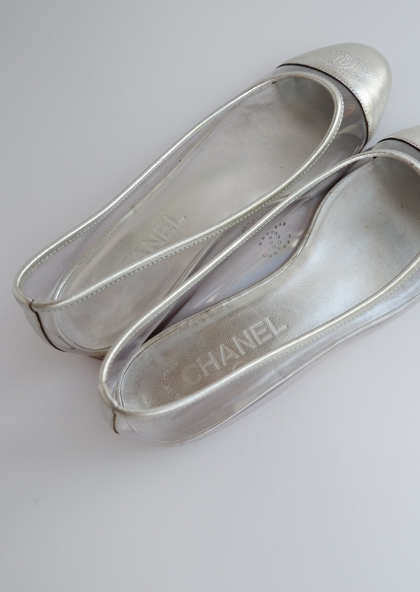 Authentic Preowned Chanel Silver/Acetate Ballet Flats - 36