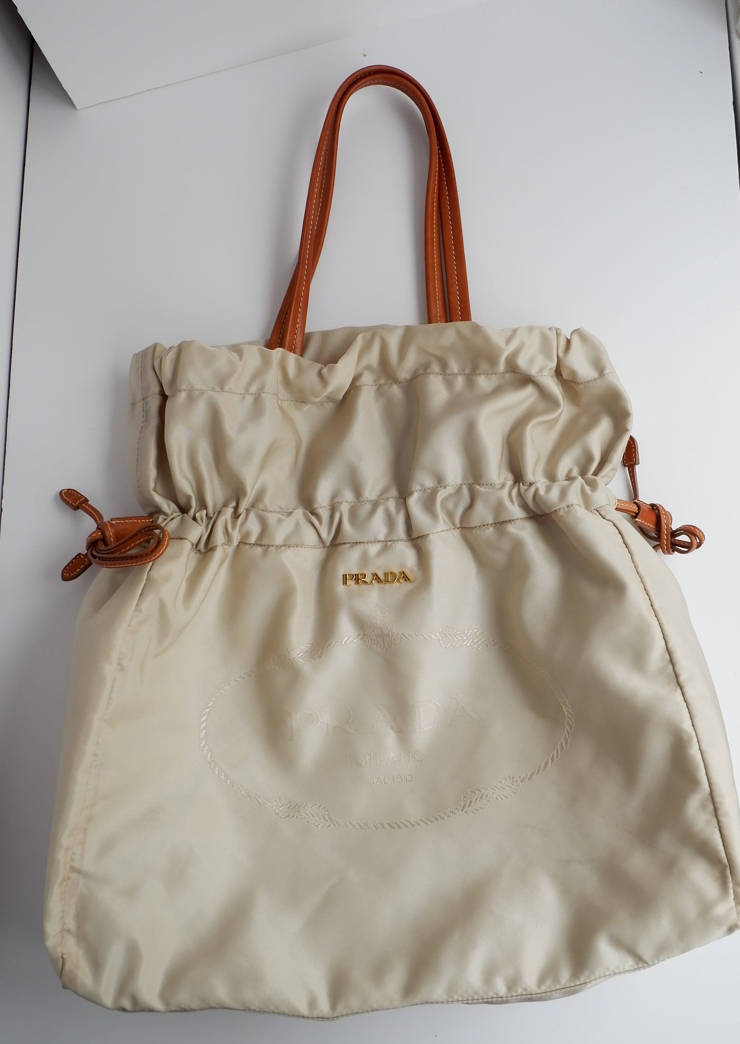 Authentic Preowned Prada Beige Nylon/ Leather Drawstring Tote Bag