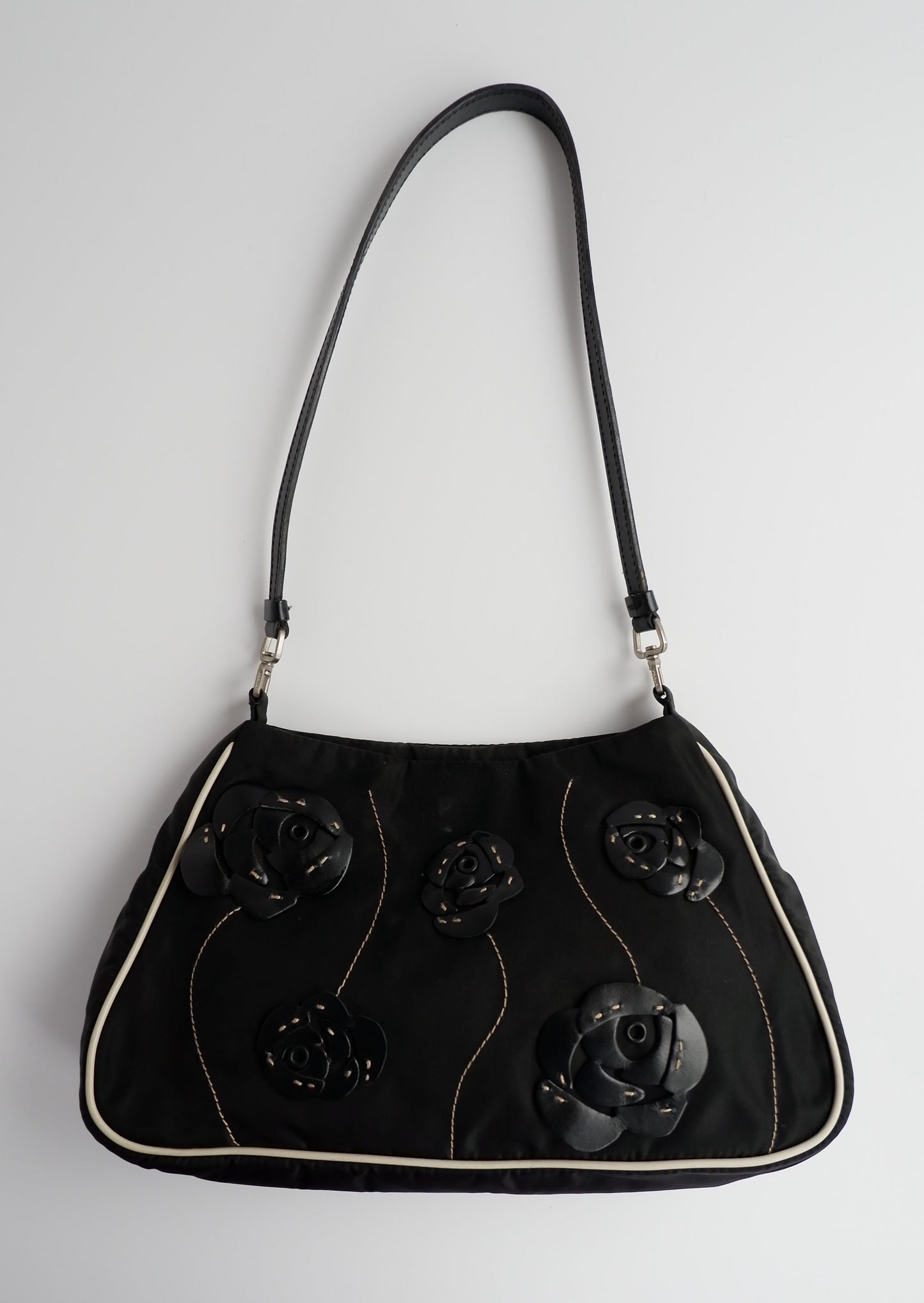 Authentic Preowned Prada Black/White Nylon Rose Detail Shoulder Bag