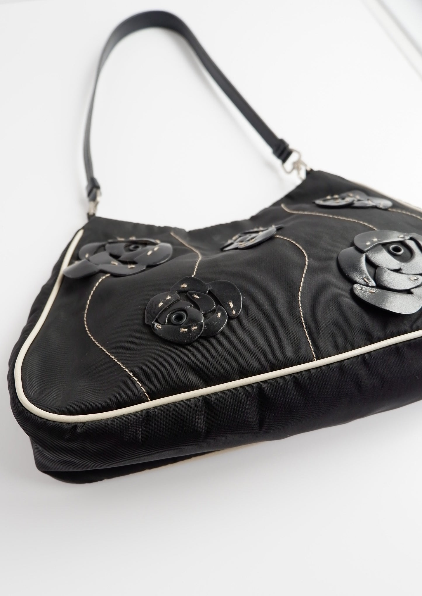 Authentic Preowned Prada Black/White Nylon Rose Detail Shoulder Bag