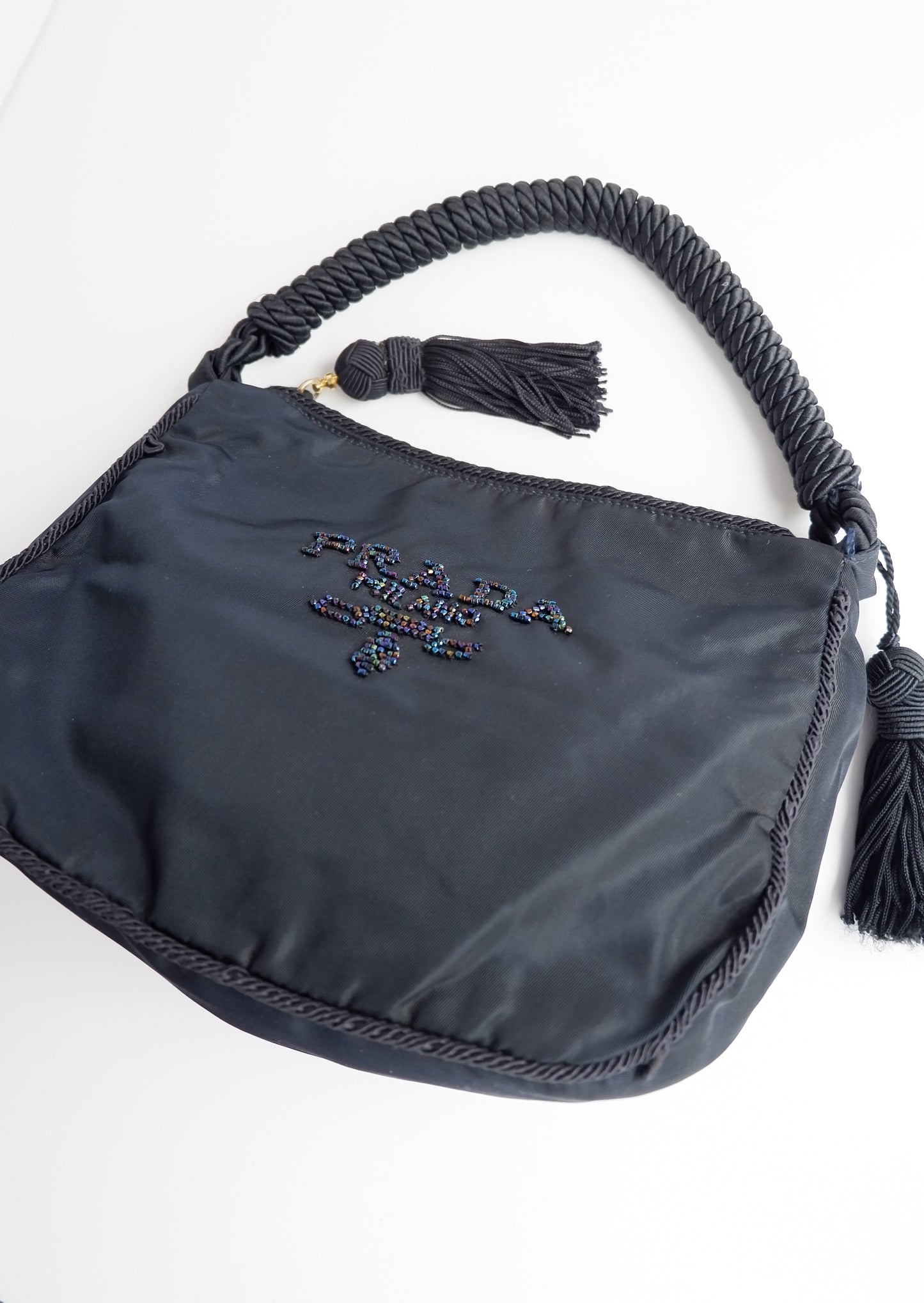 Authentic Preowned Prada Navy Nylon Beaded Logo Tassel Shoulder Bag