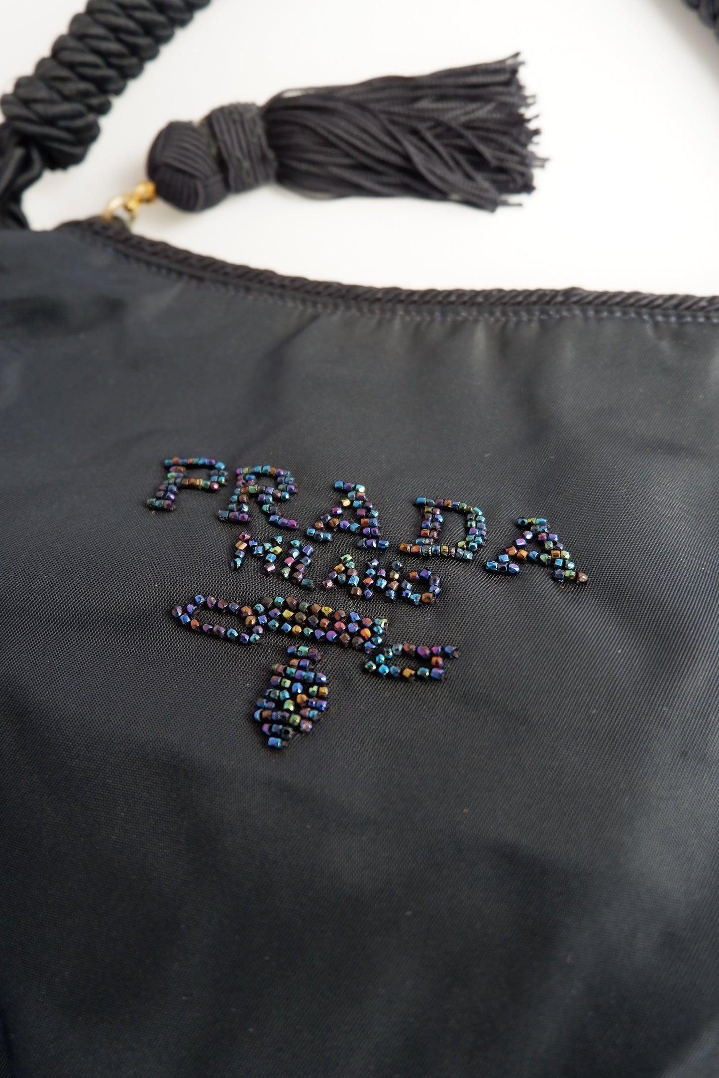 Authentic Preowned Prada Navy Nylon Beaded Logo Tassel Shoulder Bag