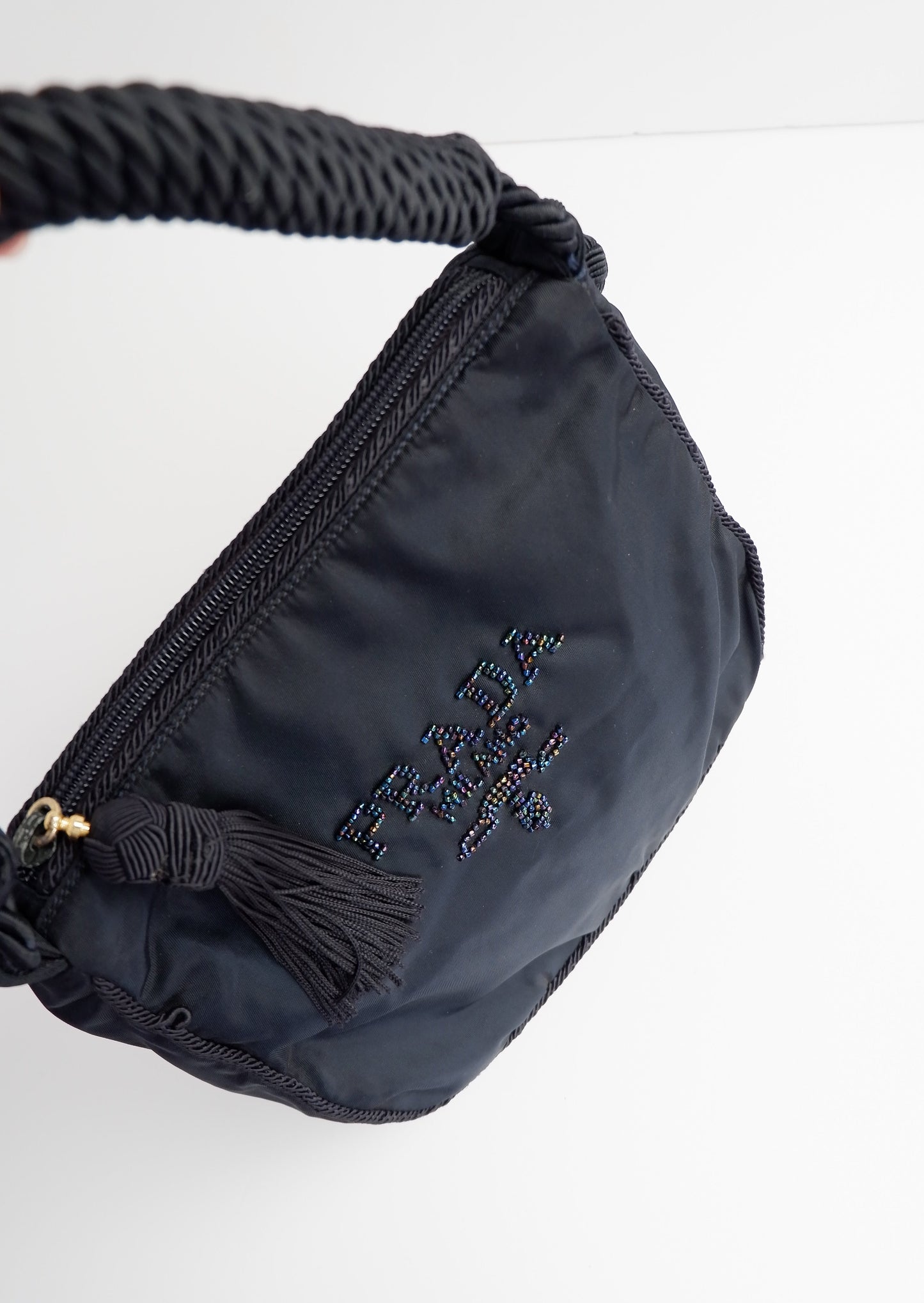 Authentic Preowned Prada Navy Nylon Beaded Logo Tassel Shoulder Bag