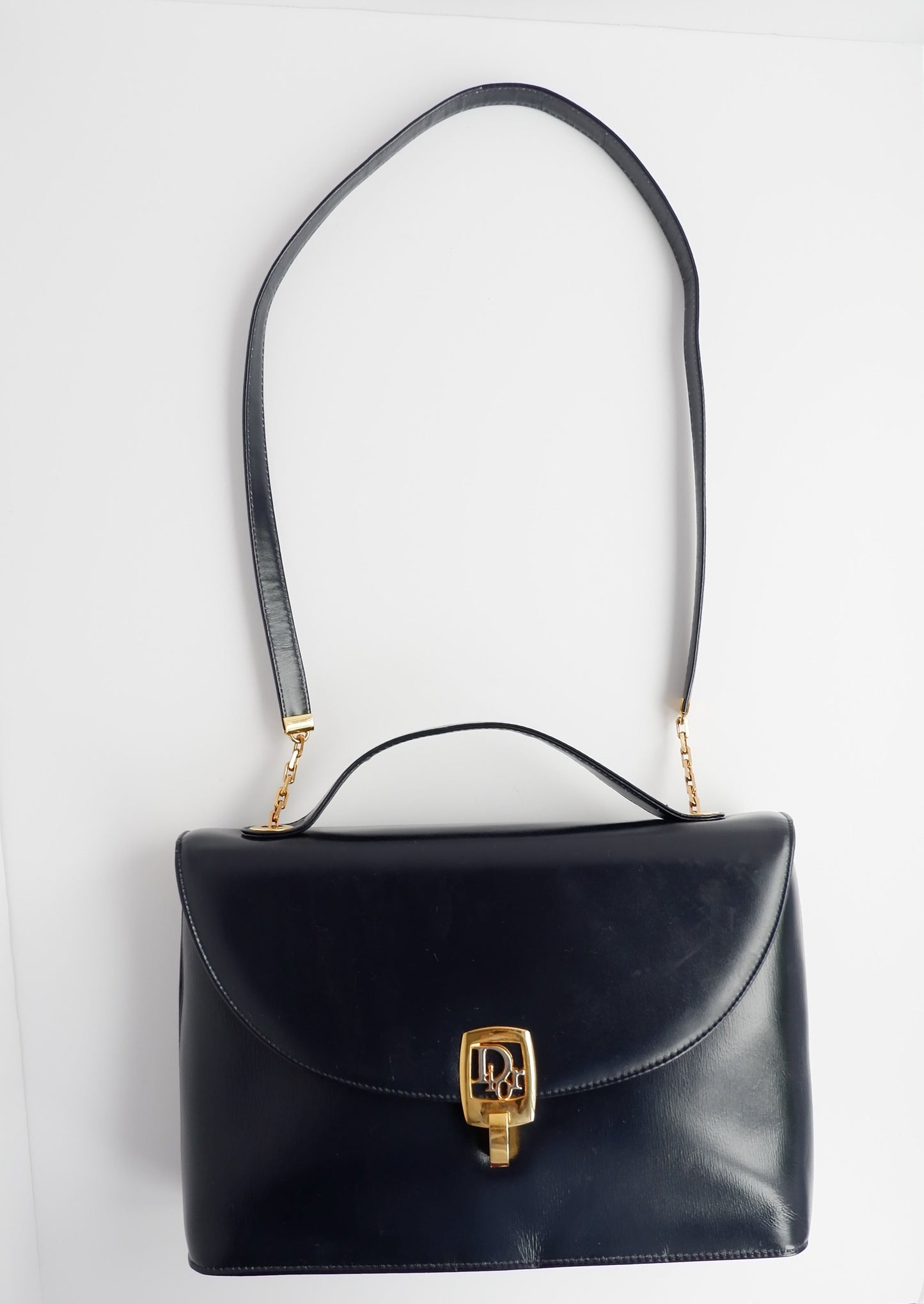 Authentic Preowned Vintage Dior Navy Leather Handbag with Crossbody Strap